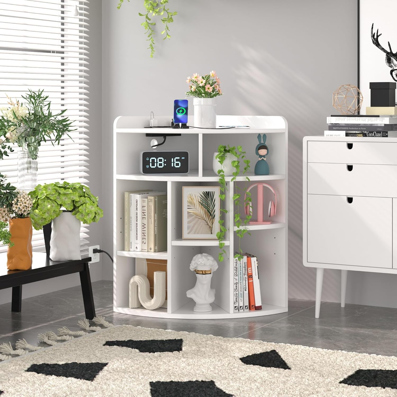 VECELO Corner Cube Shelf with USB Ports & Outlets, Modern Corner Toy Storage Rack with Adjustable Shlef, Wooden Display Bookshelf Bookcase for Living Room, Bedroom, Dining Room, Kitchen, White