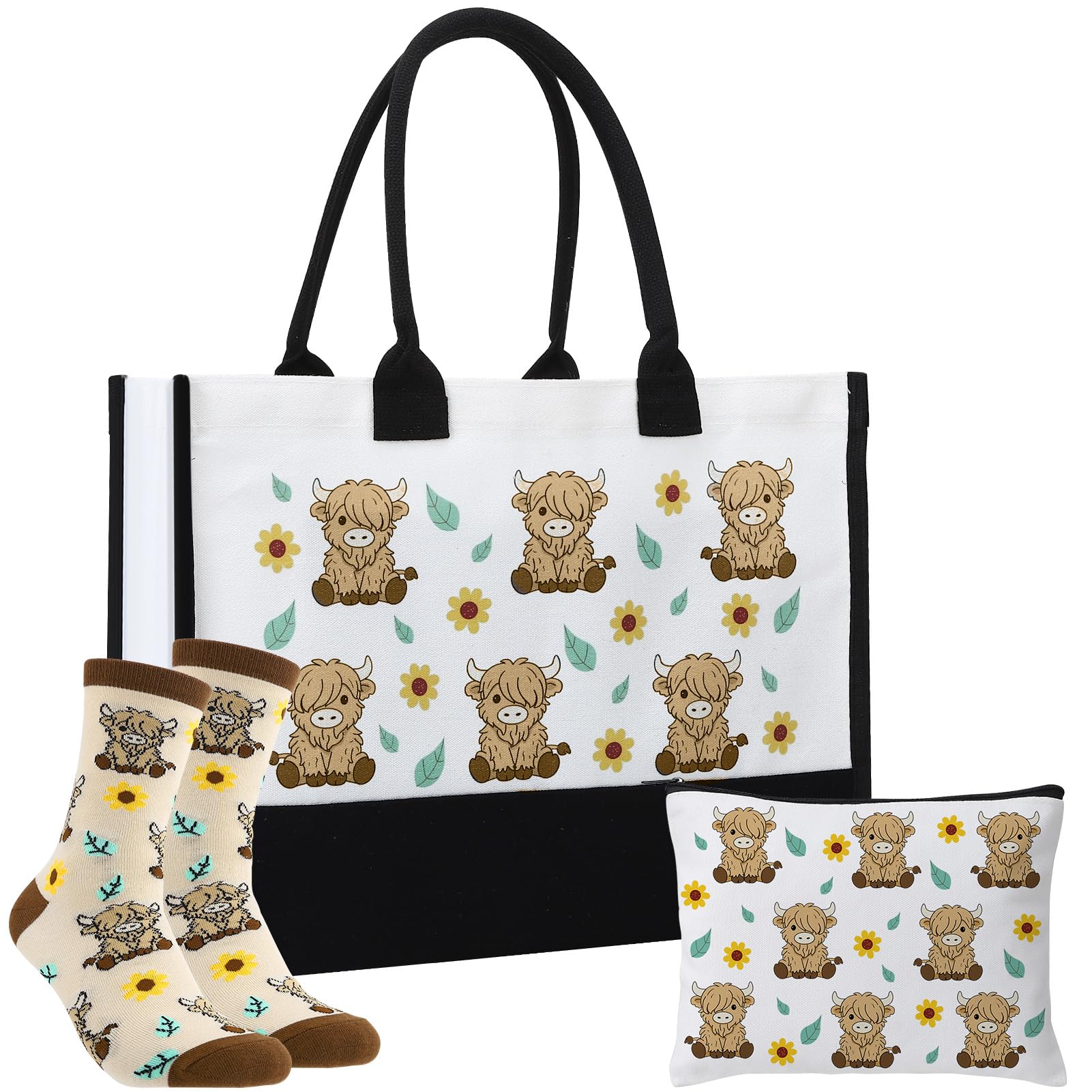ViEinkaufen Highland Cow Gifts Set for Women Girls,Animal Tote Bag Makeup Bag Funky Fun Socks for Best Friend Cow Lover Mum Auntie Daughter Wife Girlfriend Teachers
