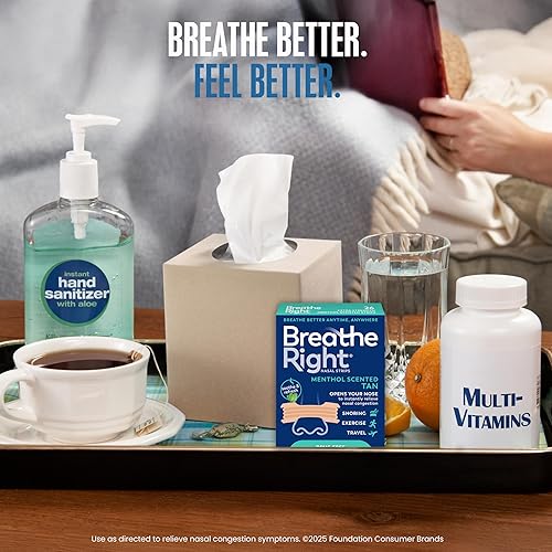 Miniatura 6 de Breathe Right Tiras nasales extra fuertes, con aroma a mentol, sin drogas, menos ronquidos y mejor respiración de la congestión nasal, bronceado, 26
