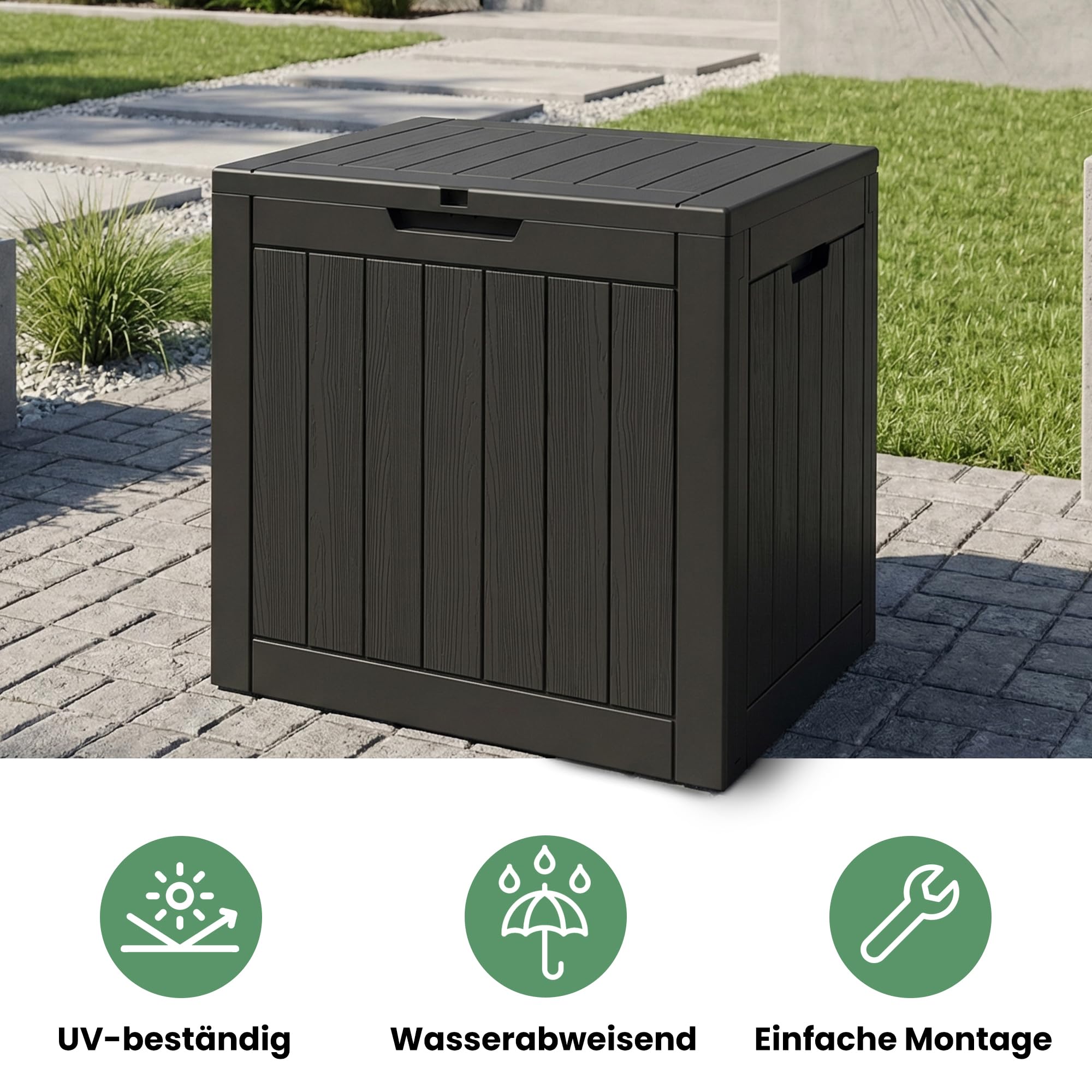 AKORD Baule da Giardino Impermeabile 117L - Cassapanca Esterna in Polipropilene Effetto Legno - Scatola Contenitore per Balcone e Terrazza, 56x53,2x43,1 cm, Nero