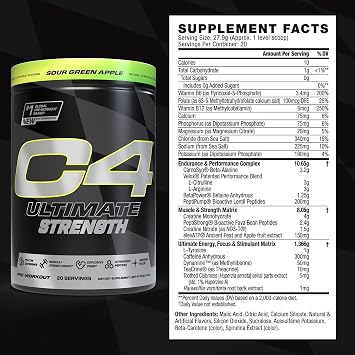 Cellucor C4 Ultimate Strength Pre Workout Powder - Tri-Stim Experience 300mg Caffeine+TeaCrine+Dynamine - Creatine & Beta-Alanine - Energy Supplement for Men & Women - Sour Green Apple, 20 Servings