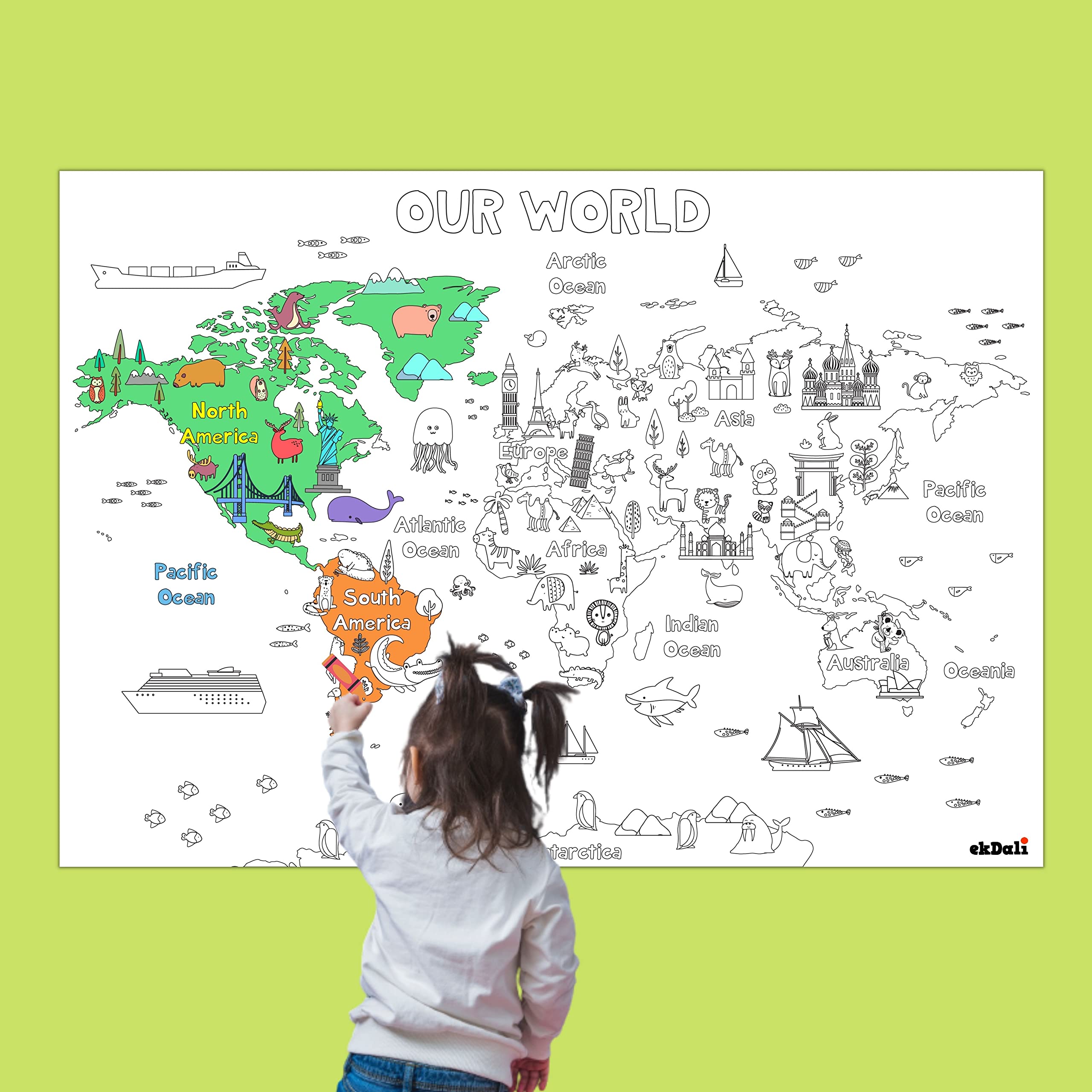 EKDALI Giant Colouring Poster for Kids; World Map Jumbo Wall Colouring Poster, 24" x 33", Learning & Education for Boys and Girls, Drawing Fun-Super Painter. Colouring Poster for all ages