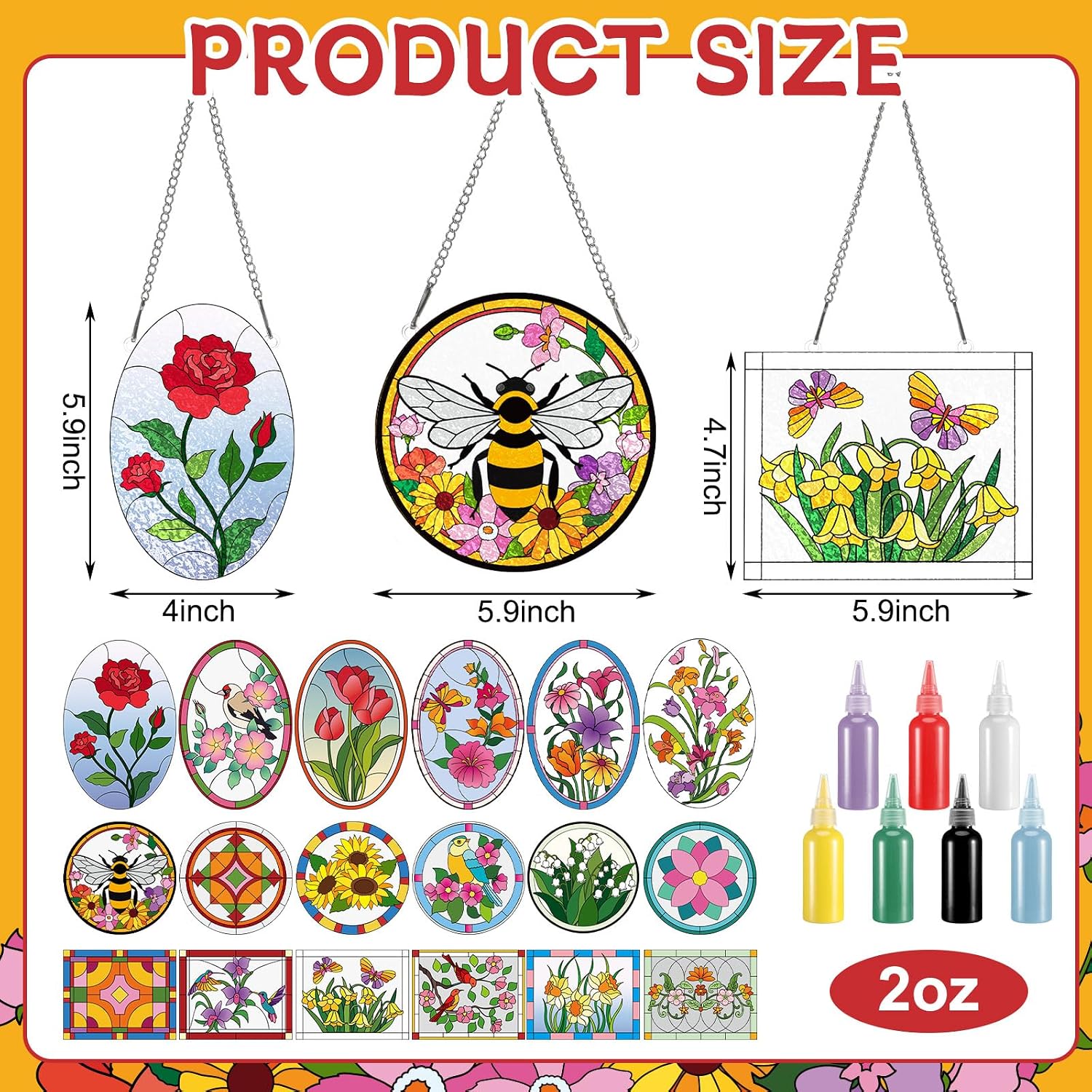 Humyoun 65 Pcs Stained Glass Painting Starter Kit for Adults DIY Window Paint Art Crafts Including 7 Colors 18 Suncatchers 18 Patterns 18 Chains and 4 Tool for Home Activities DIY Project Party