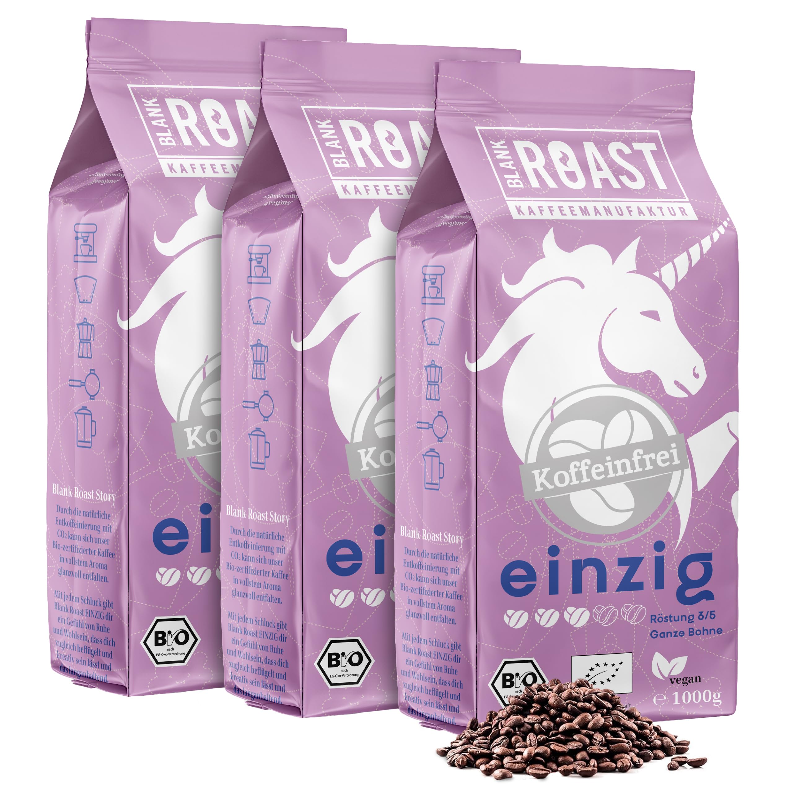 Blank Roast - EINZIG - 1kg (3er Pack) - BIO Kaffeebohnen koffeinfrei - 100% Arabica aus Peru - schonend & umweltfreundlich entkoffeiniert - säurearm mit voller Crema - ideal für jede Zubereitungsart