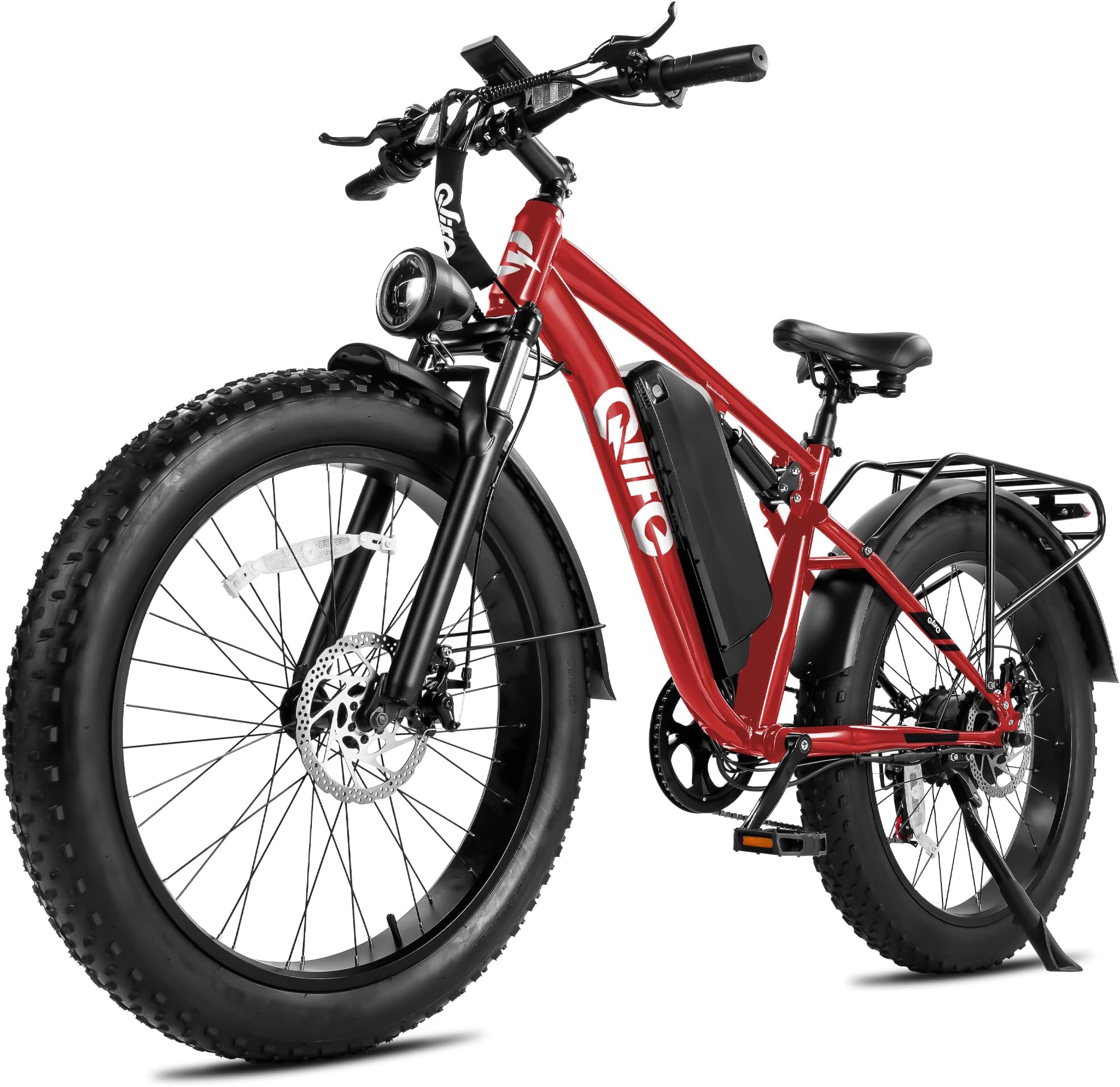 Qlife Racer Plus Adult Electric Bicycle, Peak 1500W/1800W, Up to 20+MPH, 65Miles Long Range, 26" Fat Tire Electric Mountain Bike with 48V 13AH/15.6AH Battery, 7 Speed Full Suspension