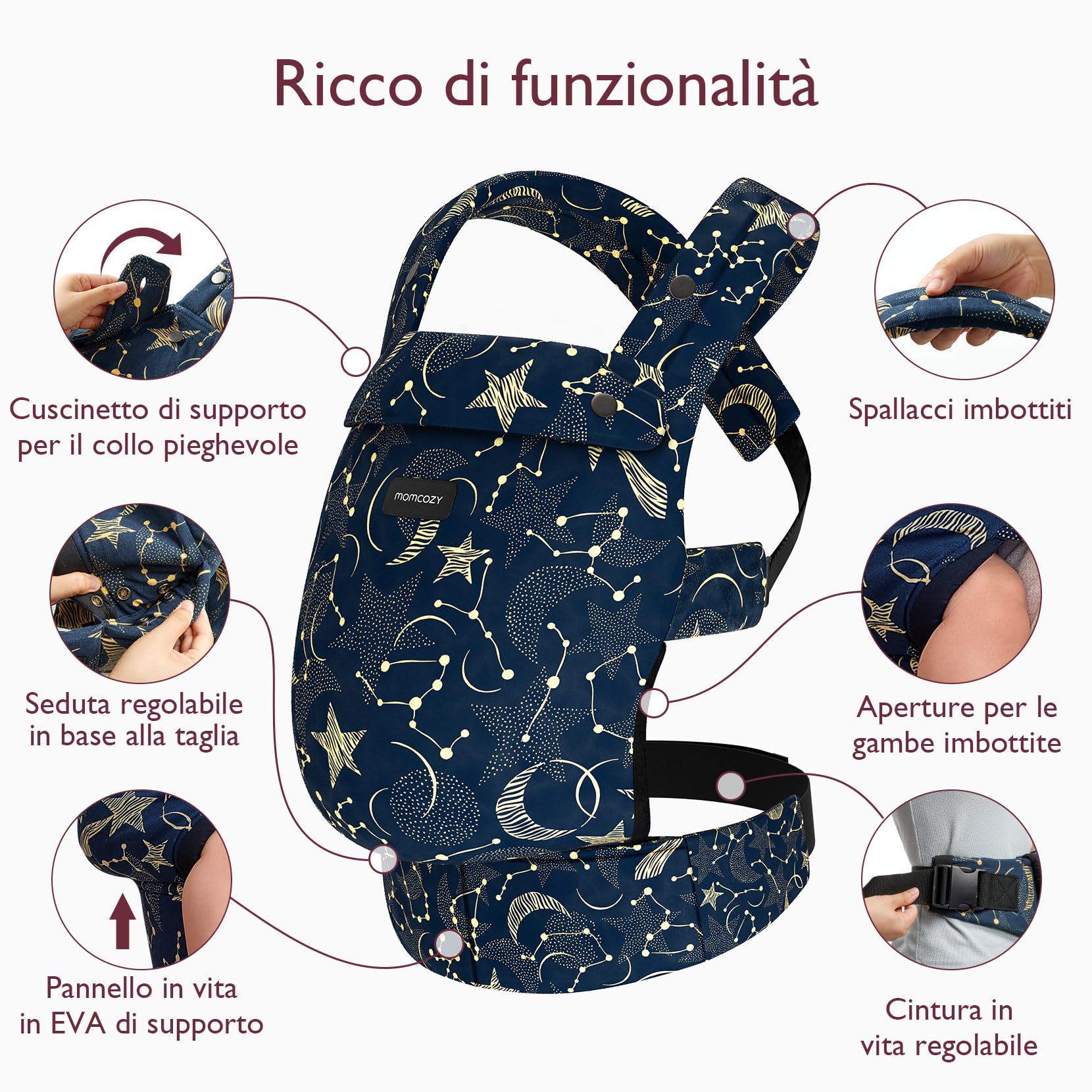 Marsupio Momcozy - Ergonomico, confortevole e leggero, per bambini da 3 a 20 kg, facile da indossare, ideale per genitori a mani libere, Cielo stellato
