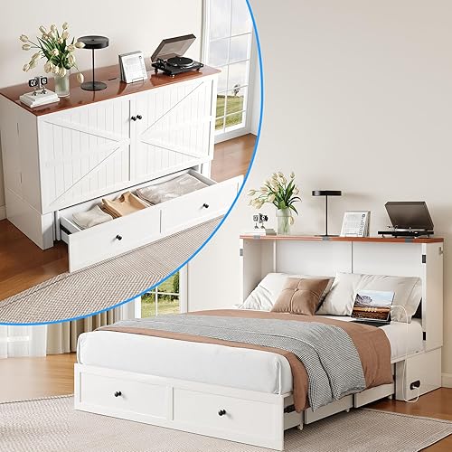 PUREMIND Queen Murphy Bed with Mattress Included - Solid Wood - Hideaway Chest Beds Frame with Storage Drawers, USB Charging Ports - Space Saving Cabinet Bed for Guest Room