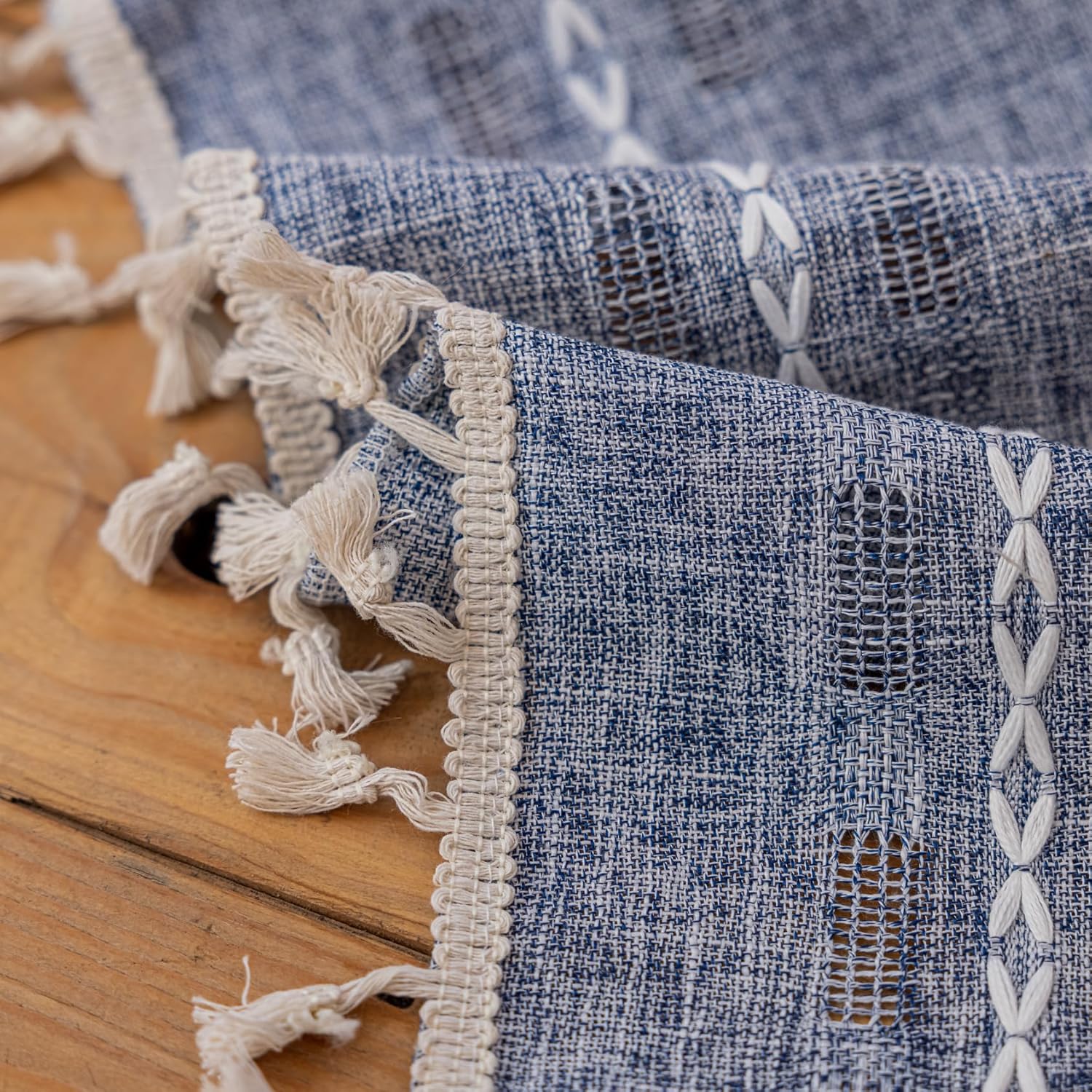 Sutuo Home Boho Curtains 84 inches Long for Bedroom Living Room,Light Filtering Farmhouse Hollow Vintage Chic Tassels Window Treatment Bohemian Drape Decor Rod Pocket,1 Panel,52" W x 84" L,Denim Blue