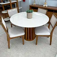 Dalla Costa, Conjunto Mesa de Jantar Redonda 4 Cadeiras Enconto Tela 100% MDF Branco/Bege Dalla Costa