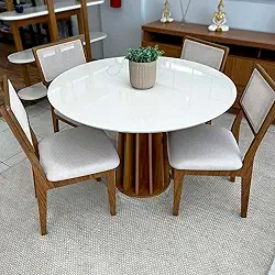 Dalla Costa, Conjunto Mesa de Jantar Redonda 4 Cadeiras Enconto Tela 100% MDF Branco/Bege Dalla Costa