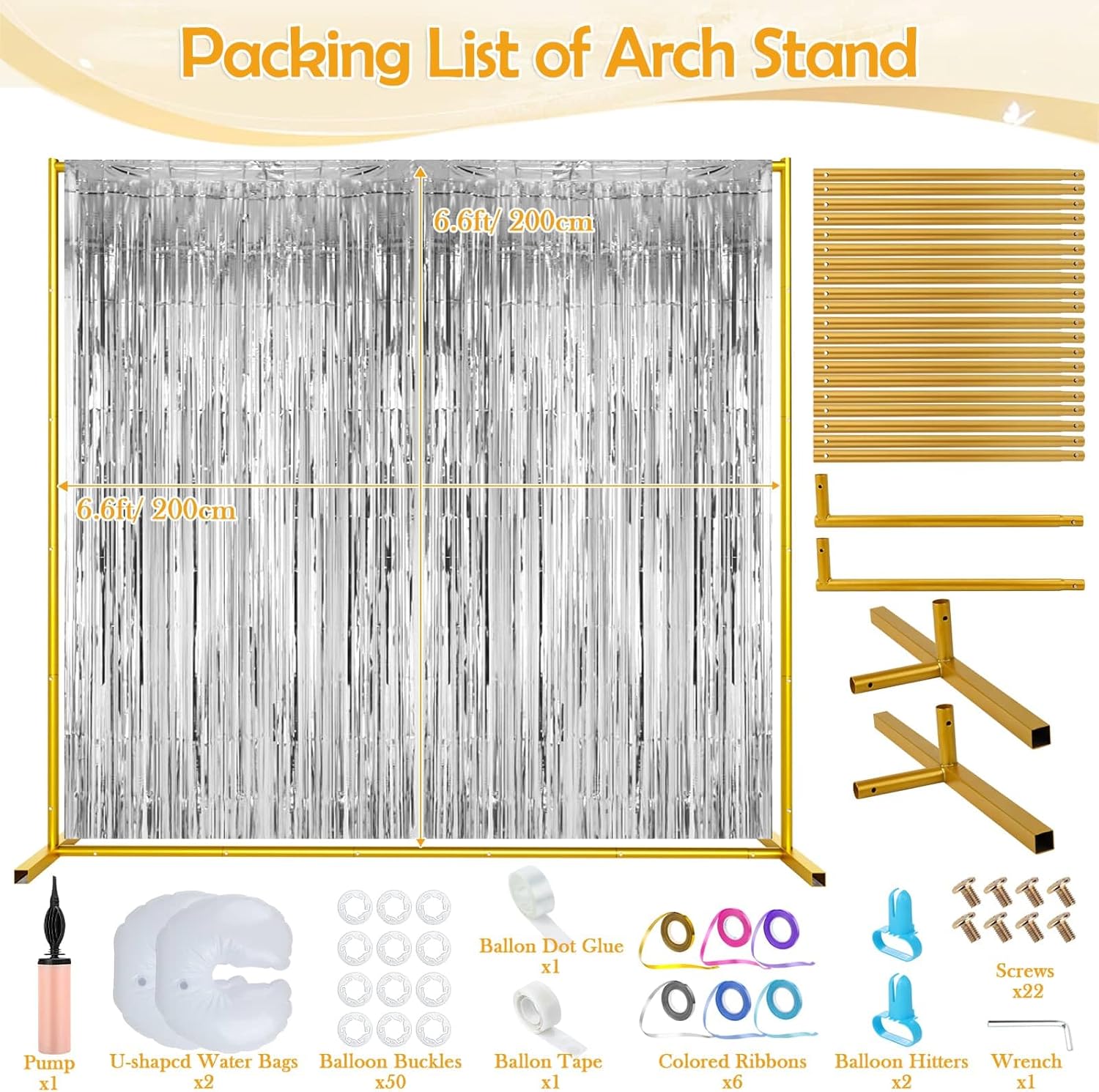 6.6FT x 6.6FT Gold Metal Wedding Arch Frame, Square Balloon Arch Stand Flower Backdrop Stand for Ceremony Birthday Party Bridal Baby Shower Anniversary Photo Background Decorative Arches