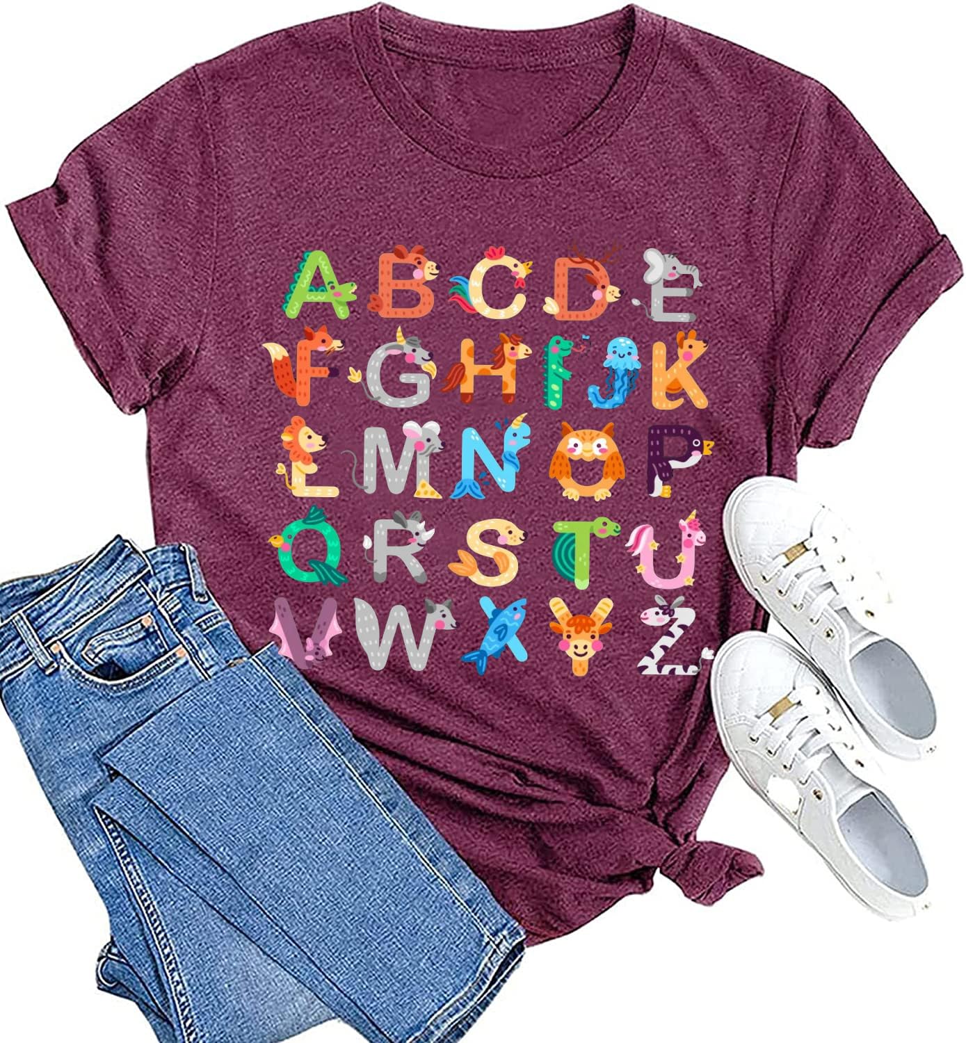 RFBIQITeacher Shirt Women Teaching Tshirt Funny ABC Animals Alphabet Graphic Tee Top Cute Kindergarten Teachers Gift T-Shirt