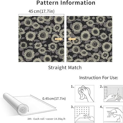 Miniatura 6 de lenify Papel tapiz floral oscuro, papel tapiz negro para despegar y pegar, 17.7 x 118.1 pulgadas, papel de contacto floral negro vintage con