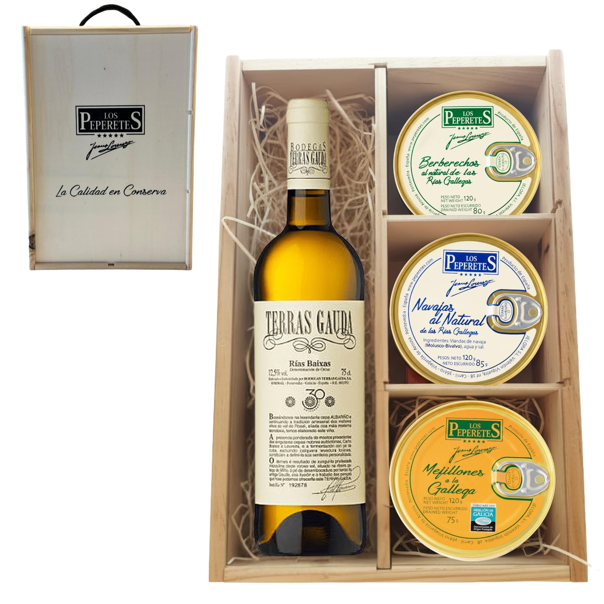 LOS PEPERETES Pack Gourmet Marisco Gallego con Vino Terras Gaudas | x2 Berberechos al Natural · x2 Navajas al Natural · x2 Mejillones a la Gallega | Estuche Lote Delicatessen Premium Latas Conserva