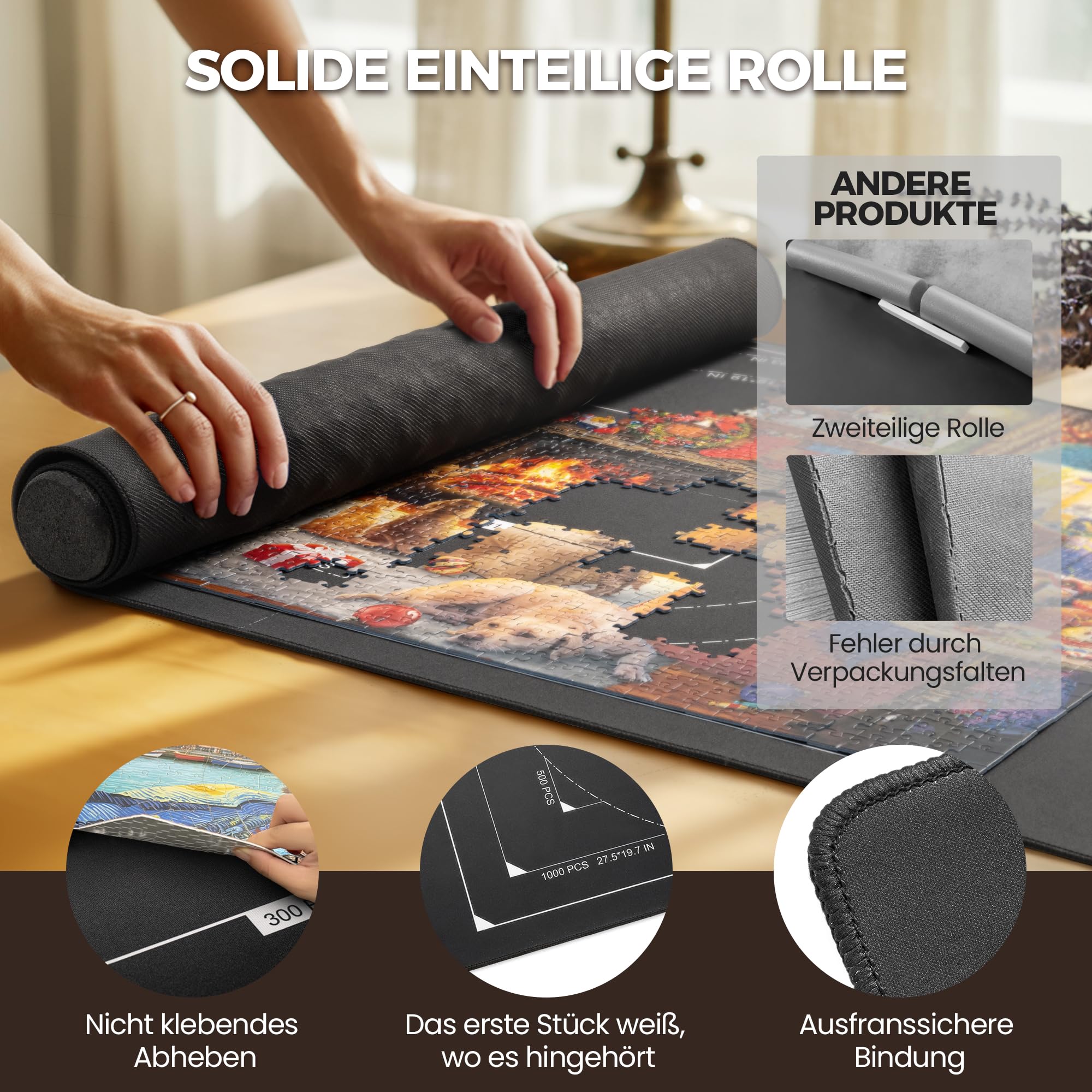ROPODA Puzzlematte, rutschfeste Puzzle Matte mit Sortierfächern, Puzzelmatten für Puzzle bis 1500, Tragbare Puzzle Matte Roll mit Aufbewahrungstasche, Puzzle-Sparer für Erwachsene und Kinder, Schwarz