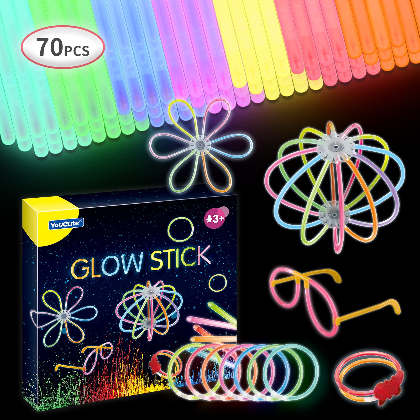 70 Glow Sticks Party Favors For Kids 8 Inch Light Up Sticks Glow Party Decorations In The Dark Neon Party Glow Necklaces With Connectors