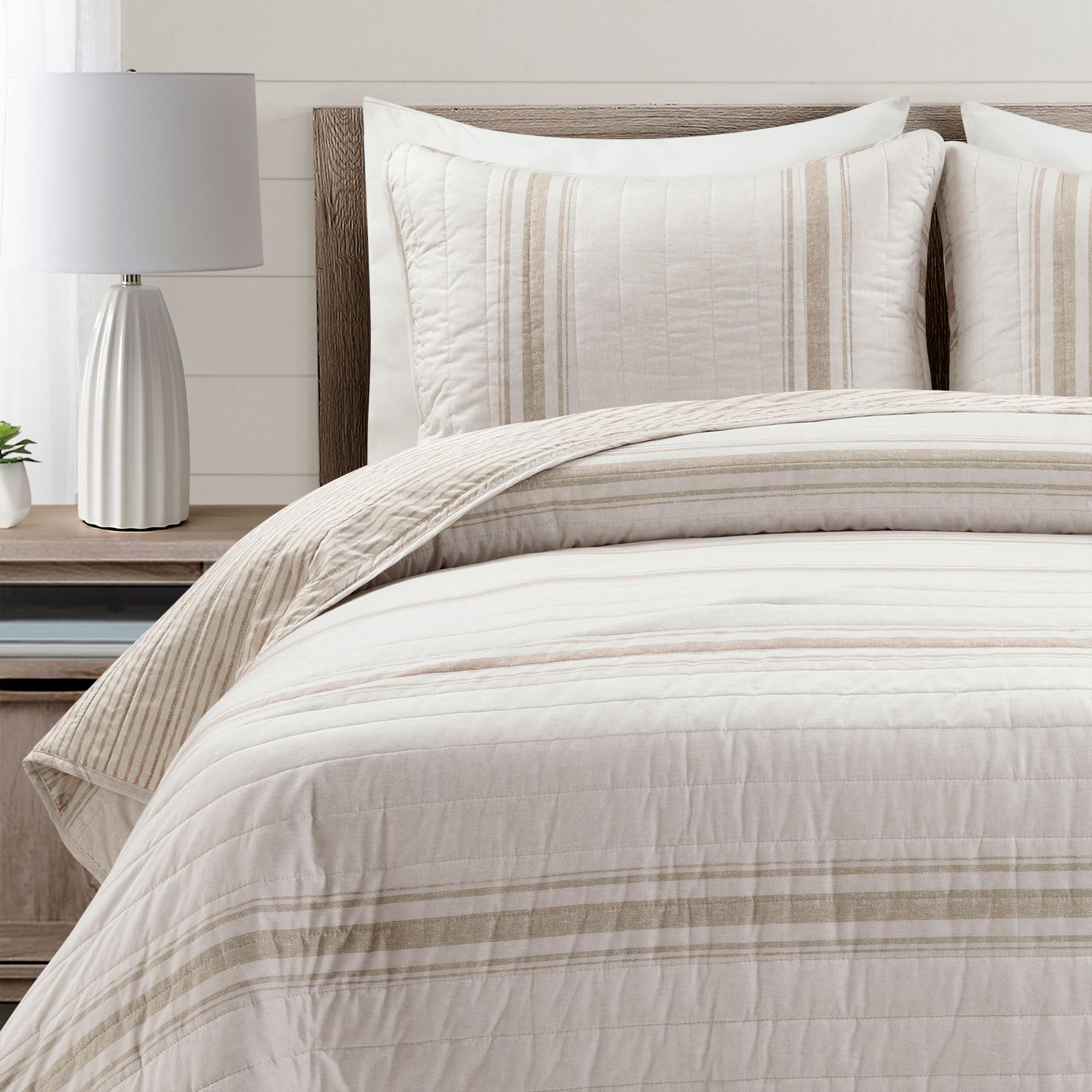 Lush Decor Set Copripiumino Reversibile 3 Pezzi King California - Stile Fattoria Righe Grigio Scuro E Motivo Gessato