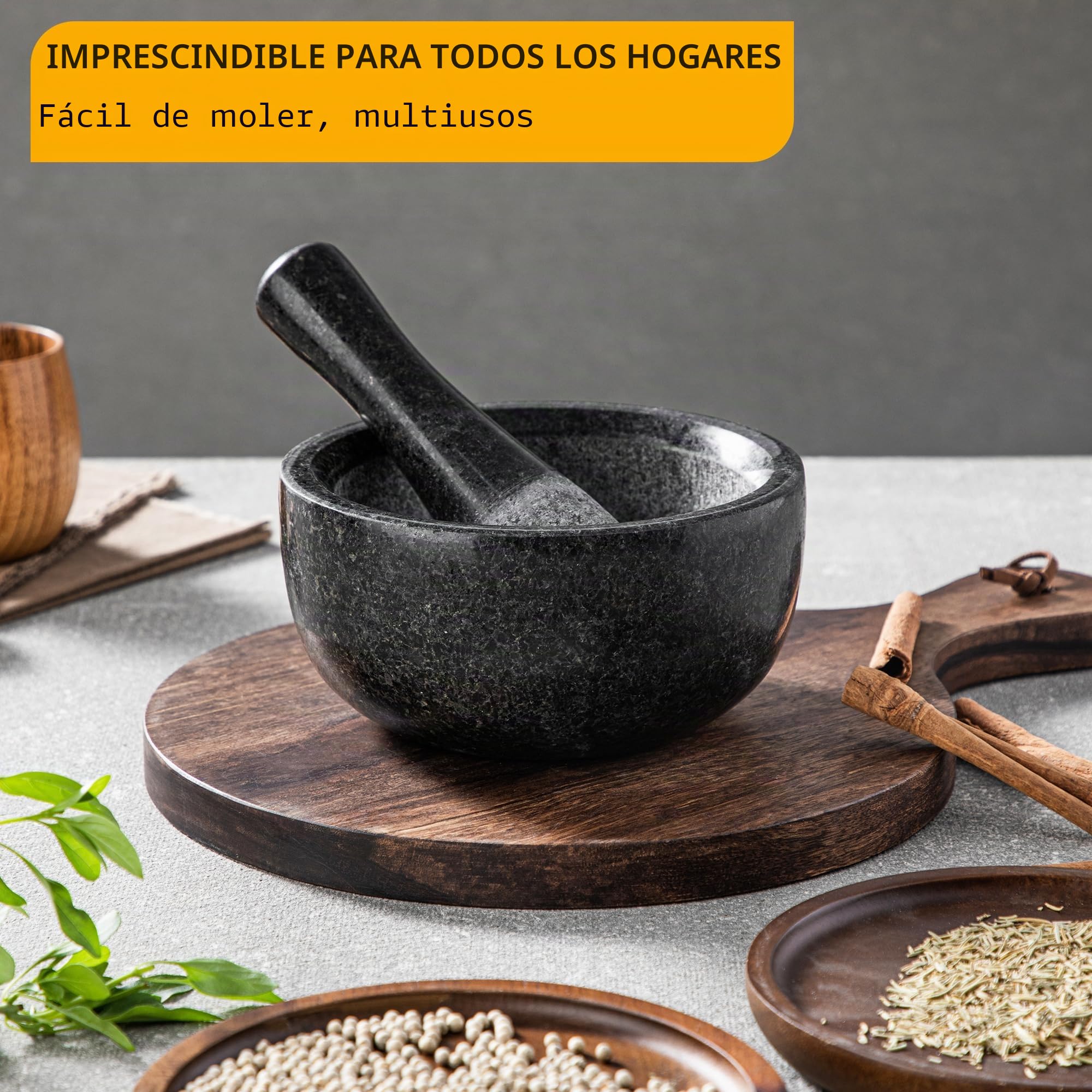 Velaze - Mortero y Millón de cocina de granito, para especias y hierbas, diámetro de 16 cm, color piedra natural