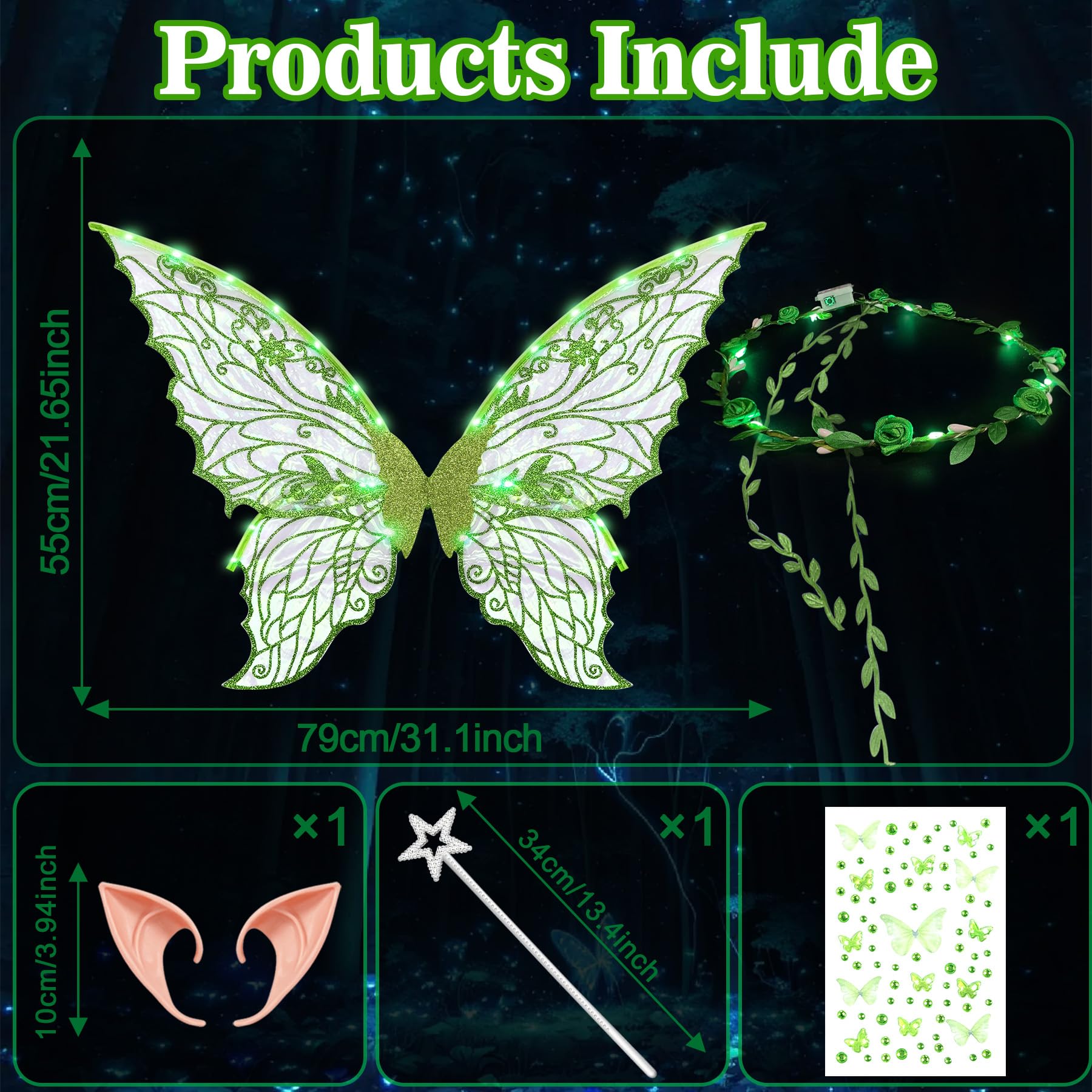 YeahBoom Fairy Wings LED Luminous with Elf Ears LED Fairy Headband and Star Wands Butterfly Wings Costume for Carnival Party - Image 2