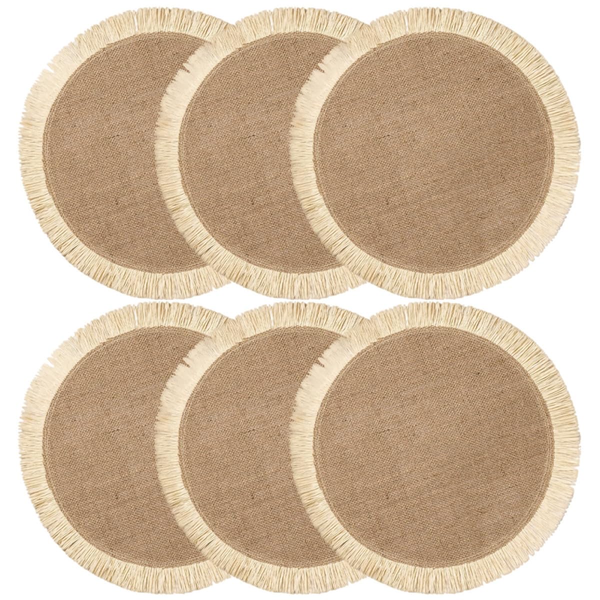 Set de table rond en jute tressé TOYANDONA avec franges de 38 cm pour cuisine lot de 6 blanc