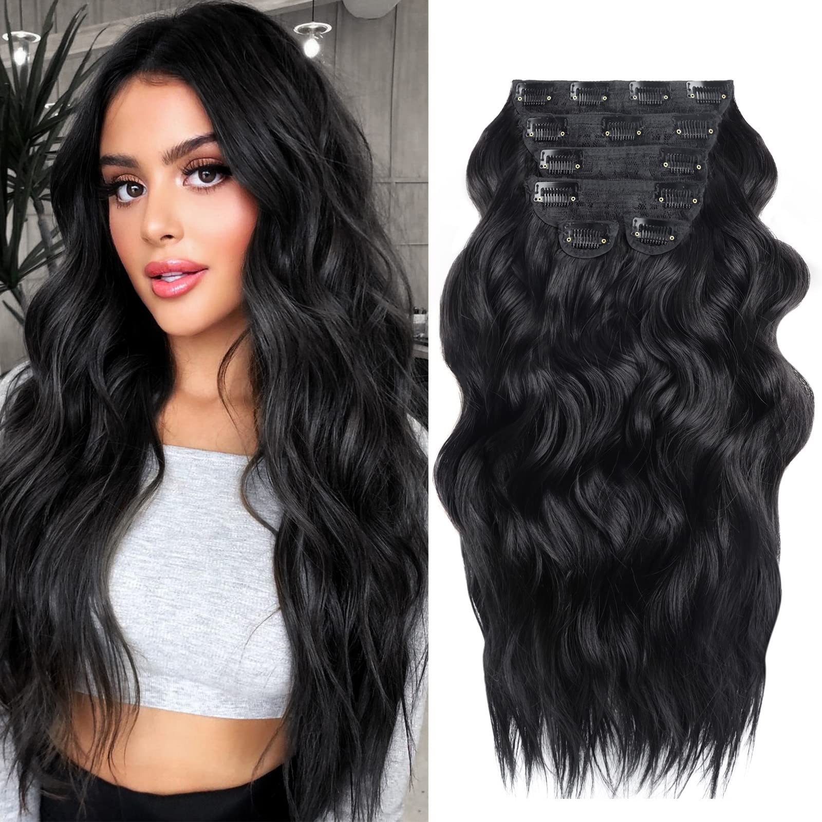 BHF 20 inch Wavy Clip in hair Extensions Full Head Synthetic Thick Hair Piece for Women 6pcs Double Weft Long Curly Hair Extensions（Natural Black）