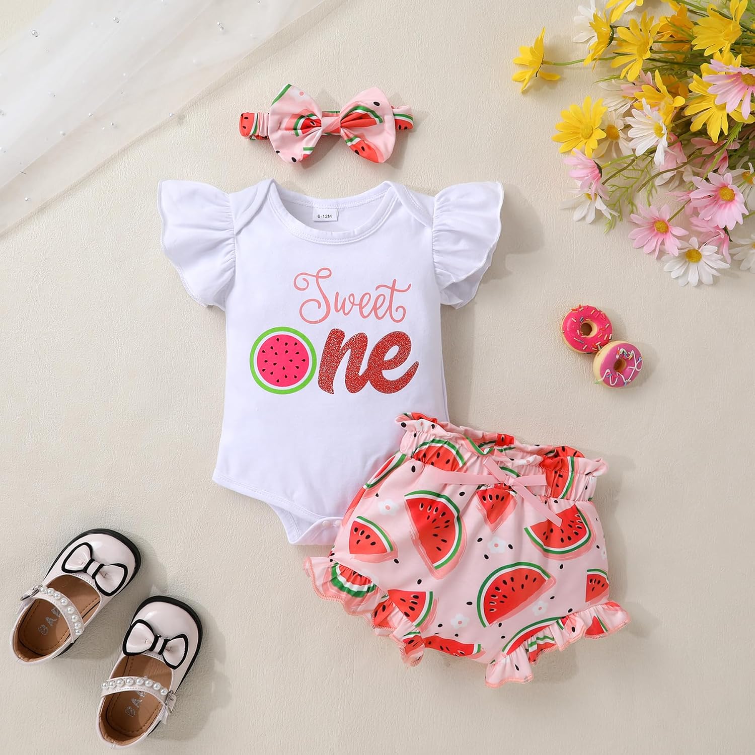 YOUNGER TREE Infant Baby Girl 1st Birthday Outfits Bumble Bee Printed One Romper Shorts Headband Summer Ruffle Sleeve Clothes