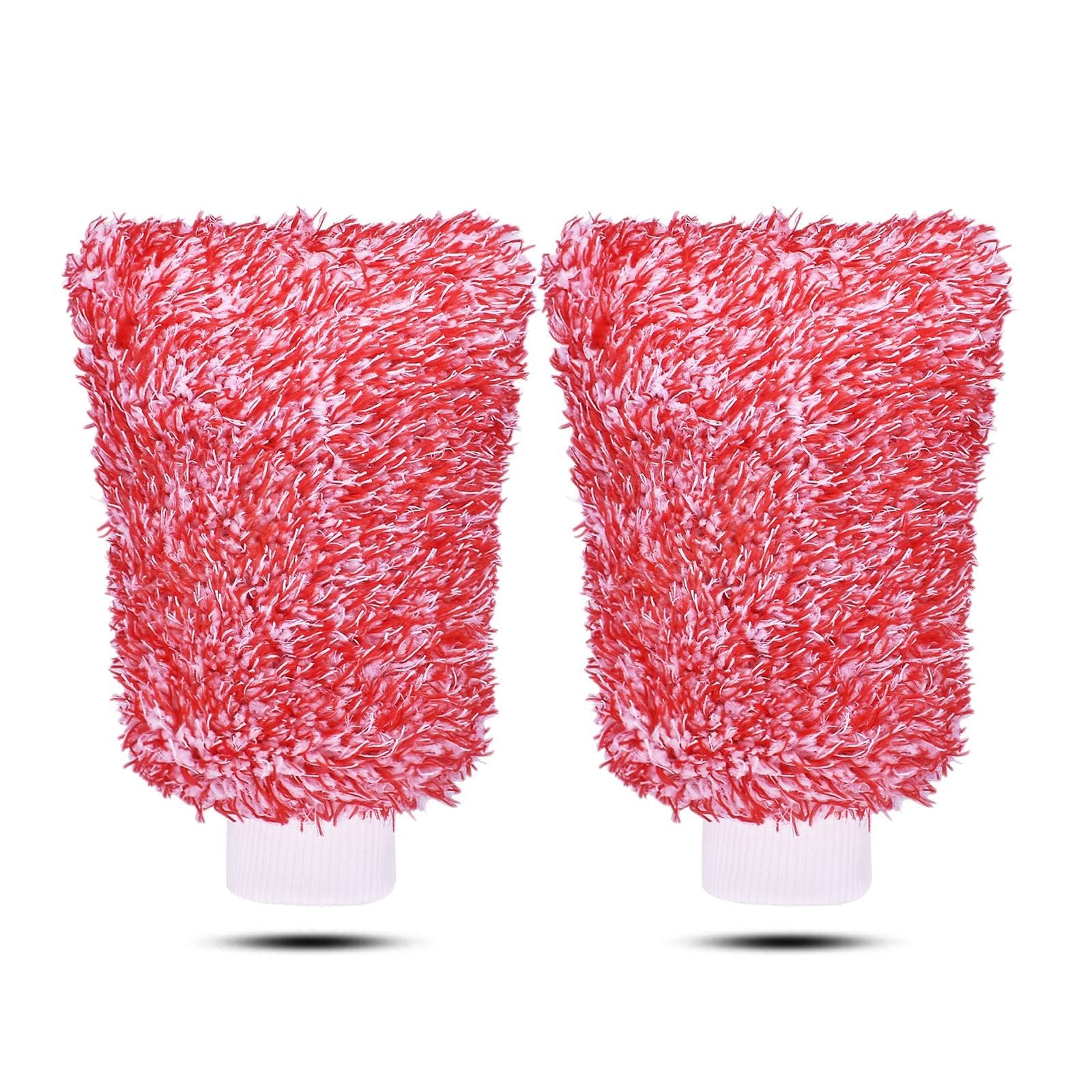 LYNROW Microfiber Car Wash， Mitts for Car Detailing - 2 pack Professional Scratch Free Polishing Cleaning Gloves - Red Wash Mitt for Washing