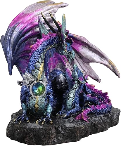 Vista 5 de Ebros - Figura de dragón madre con piedra preciosa de cielo de medianoche azul violeta con estatua de bebé Wyrmling de 7.25 pulgadas de largo