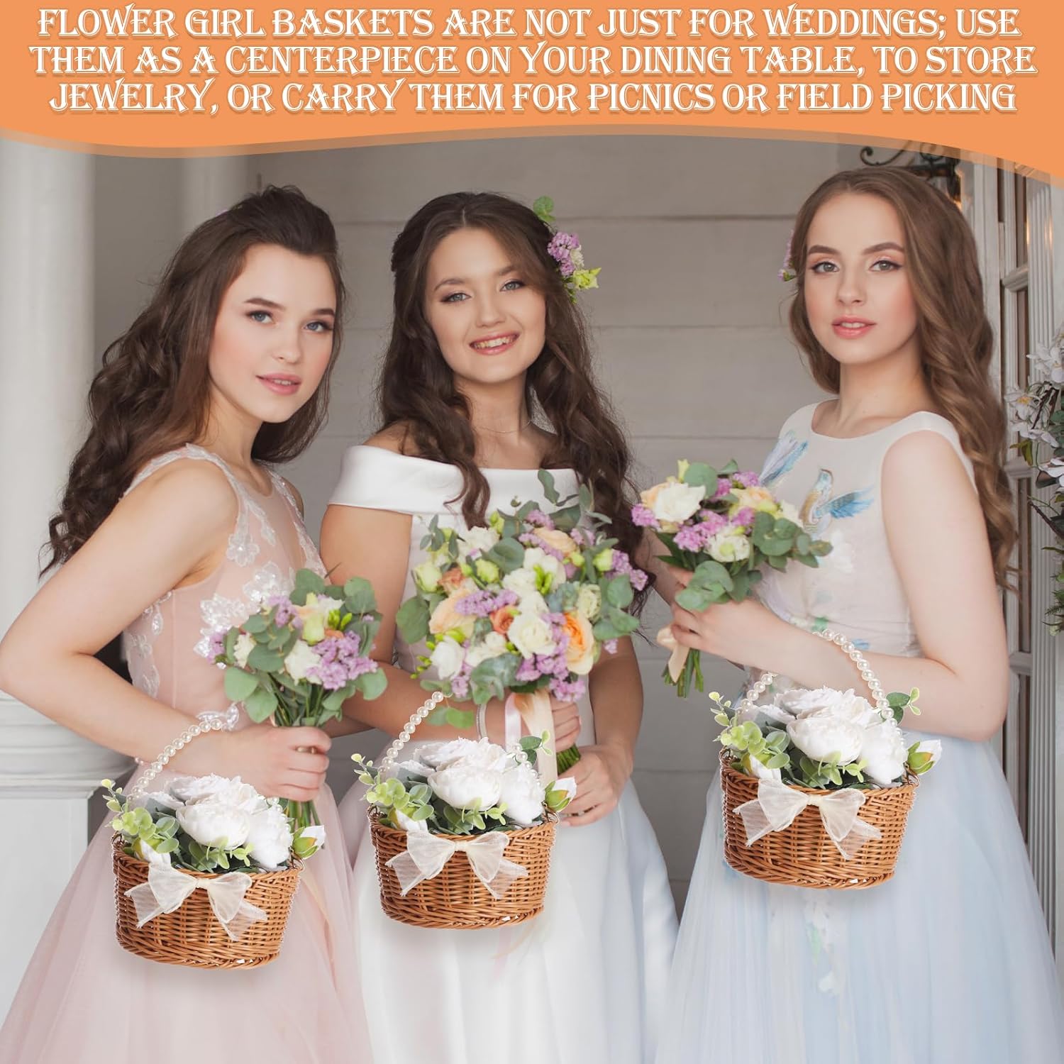 Chunful 6 Sets Small Wicker Rattan Flower Girl Basket 3.3 X6.2 Inch Wicker Basket with Pearl Handle and Bow Woven Eggs Candy Baskets for Garden Storage Home Decor Wedding Engagement