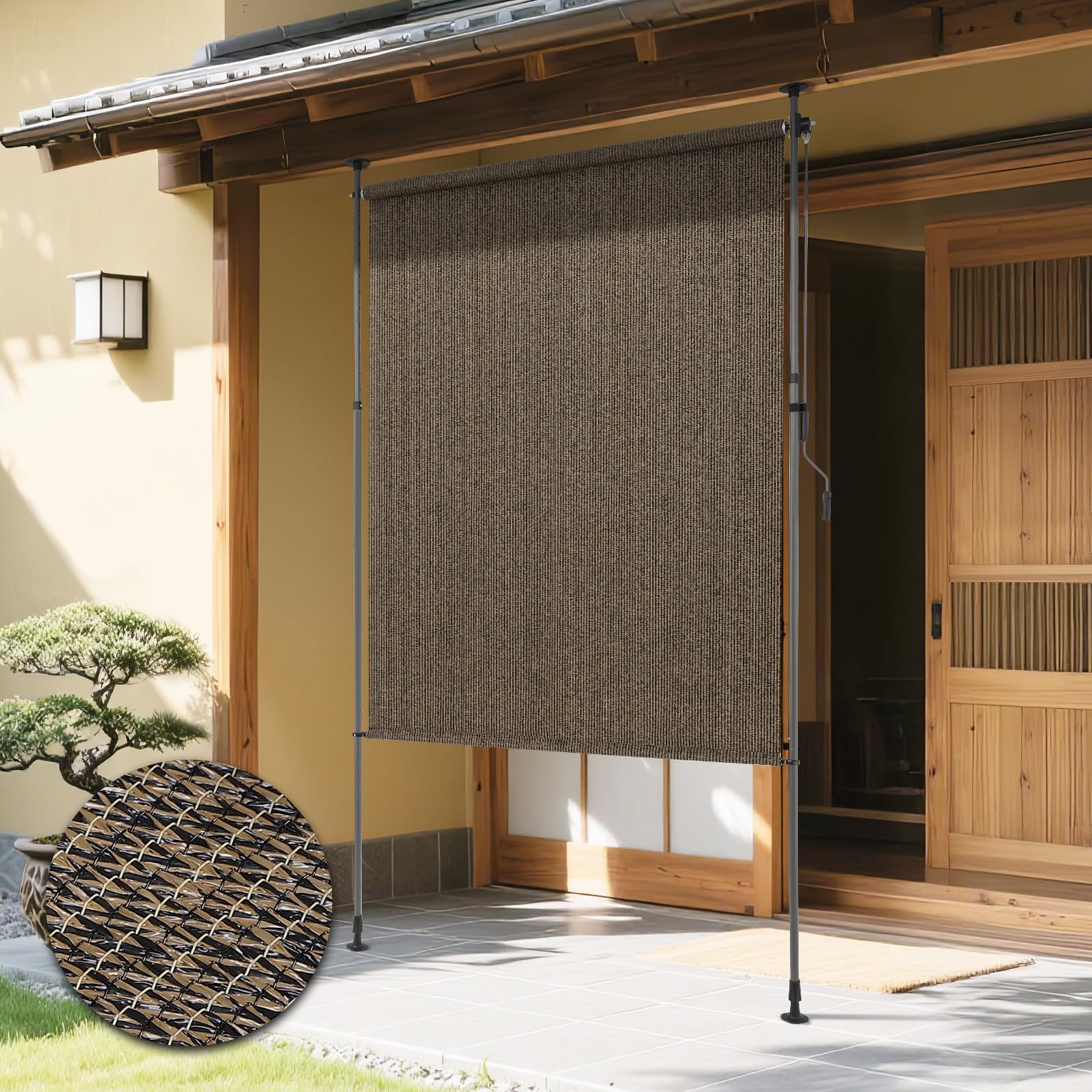KELIXU 突っ張り式サンシェード 縦型 オーニングシェード 日除け 屋外 幅150cm 遮光率約90% 風通し良好 ひよけ 目隠し 巻き取り式 高さ調節可能 断熱 遮光シート 取り付け簡単 穴あけ不要 日本語説明書付き 庭 ベランダ (モカ色)
