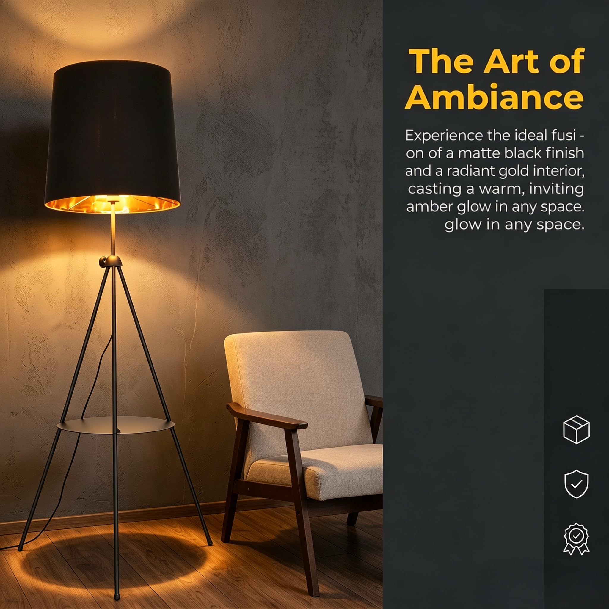 BARCELONA LED Madison Dreibein Stehlampe Mit Ablagetisch Schwarz | Holz, Textilschirm, höhenverstellbar, Ambientebeleuchtung, multifunktionales Design