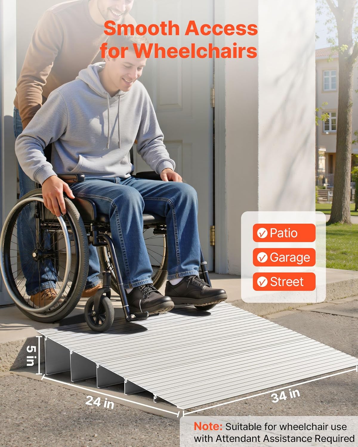 VEVOR Door Threshold Ramp, 5 inch Rise, Aluminum Alloy Threshold Ramp Rated 800 lbs Load Capacity, Handicap Ramps for Home Steps for Wheelchair, Scooters, Power Chairs, Walkers, Bicycle, Tricycle 5" Rise Gray