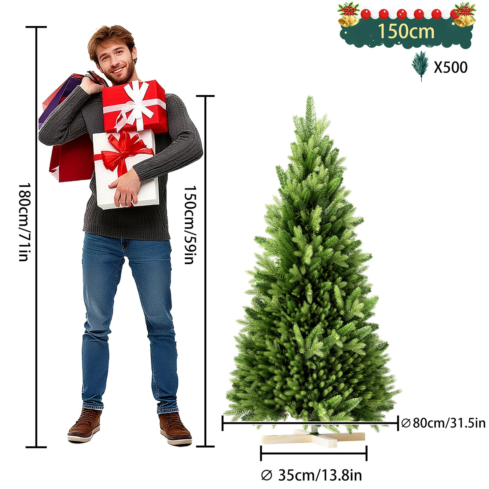 LILIIN Albero di Natale da 180 cm, in PVC e PE, abete pregiato, sistema pieghevole, supporto in legno, senza illuminazione