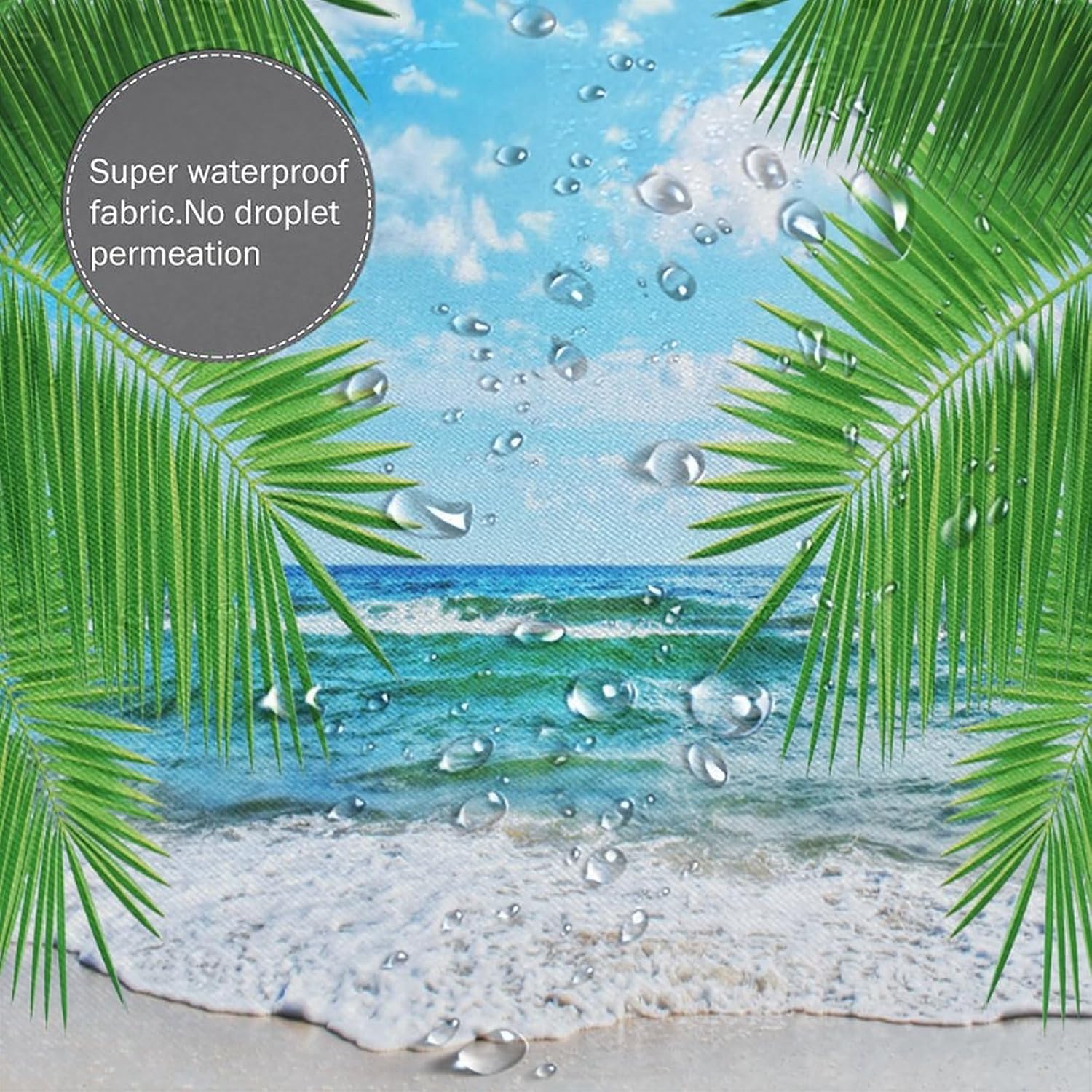 Ocean Beach Shower Curtain, Beautiful Blue Ocean Scenery Beach Coastal Palm Leaf Landscape Print for Bathroom Home Decor Set with 12 Pack Plastic Hooks72x84Inch(183x214cm)