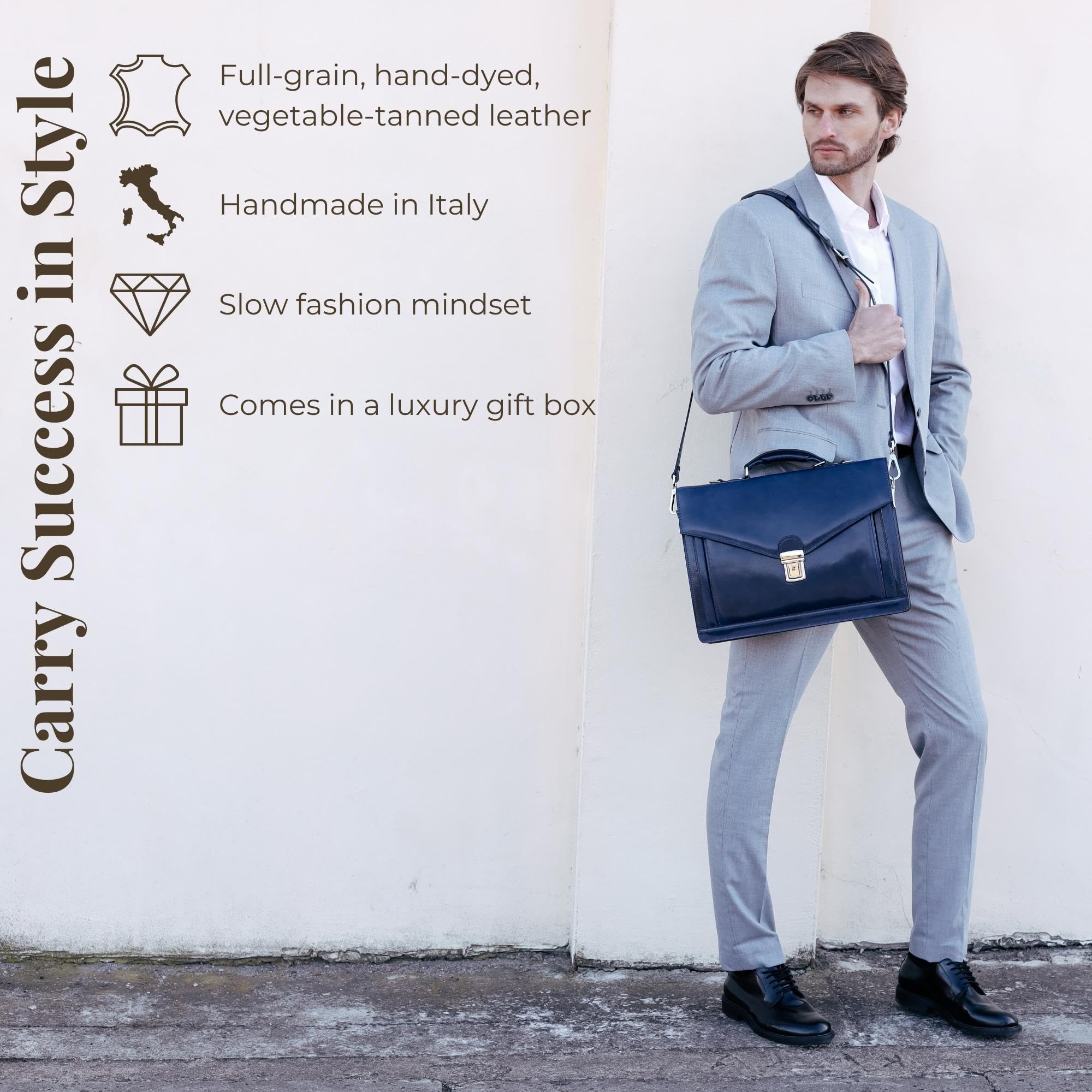 Time Resistance Leather Briefcase for Men - Business Laptop Bag - Italian Handmade Leather Bag - Attache - Gift Box Included (Blue)