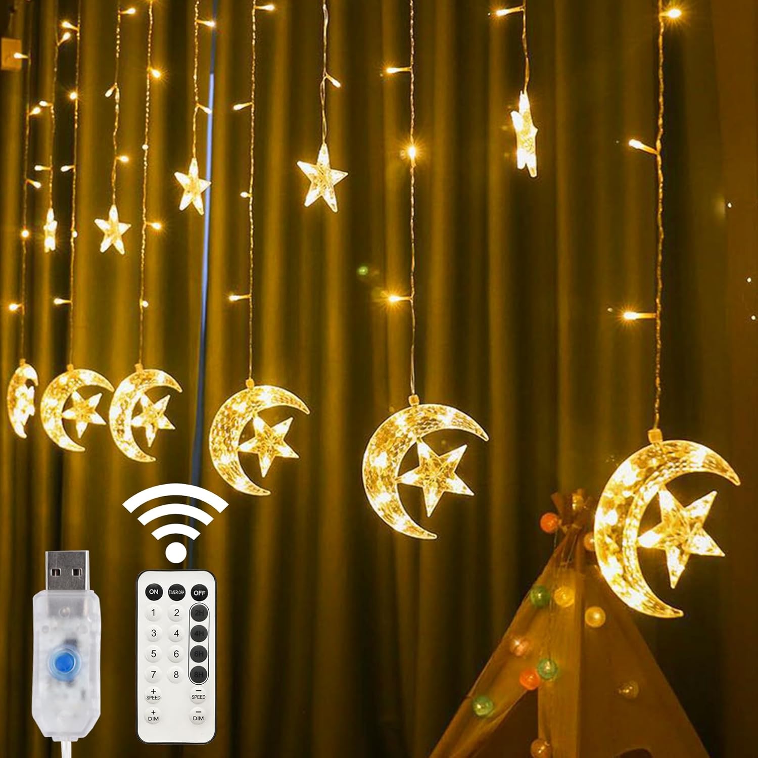 LJLNION Star Moon Curtain String Lights 138 LED, Window Curtain Lights, USB Plug with Remote Control, 8 Lighting Modes for Home Holiday Ramadan Christmas Wedding Party Patio Lawn, Warm White