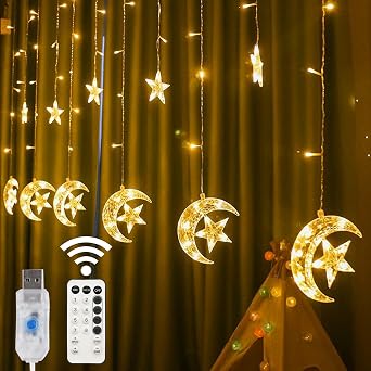 LJLNION Star Moon Curtain String Lights 138 LED, Window Curtain Lights, USB Plug with Remote Control, 8 Lighting Modes for Home Holiday Ramadan Christmas Wedding Party Patio Lawn, Warm White