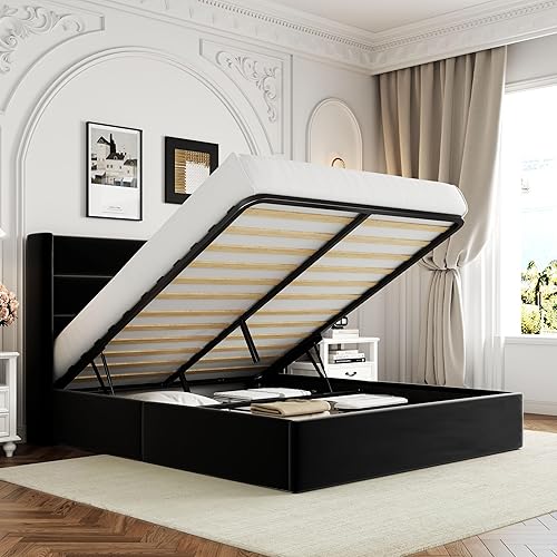 Miniatura 15 de Allewie Cama de almacenamiento elevable tamaño Queen, cabecera moderna con respaldo alado, soporte hidráulico, no necesita somier, color beige claro