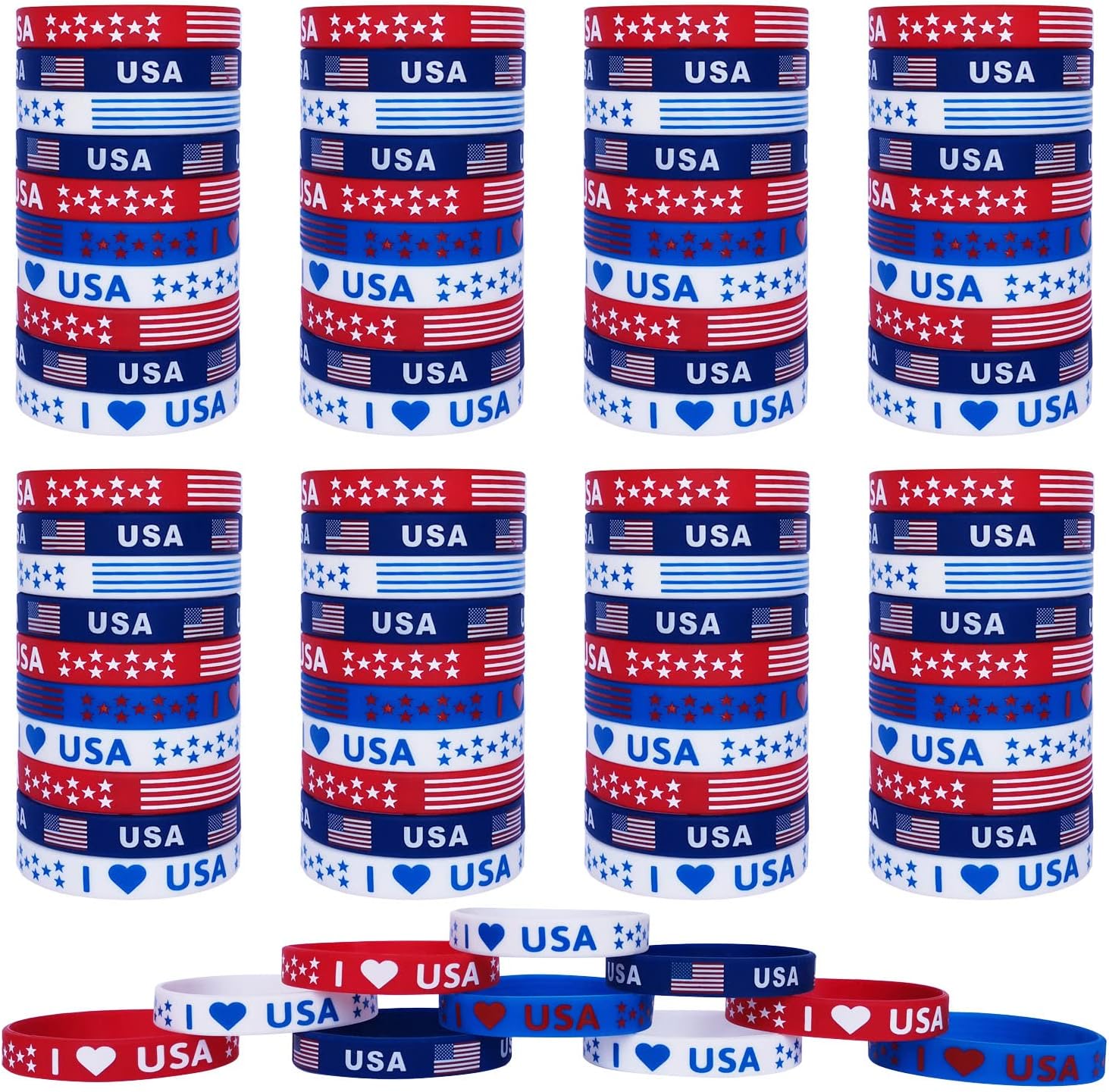 JAKADYUKS 100Pcs American Flag Silicone Bracelets, Fourth 4th of July Party Accessories USA Veterans Day Memorial Day Patriotic Wristband, Red White and Blue Party Favors School Gifts