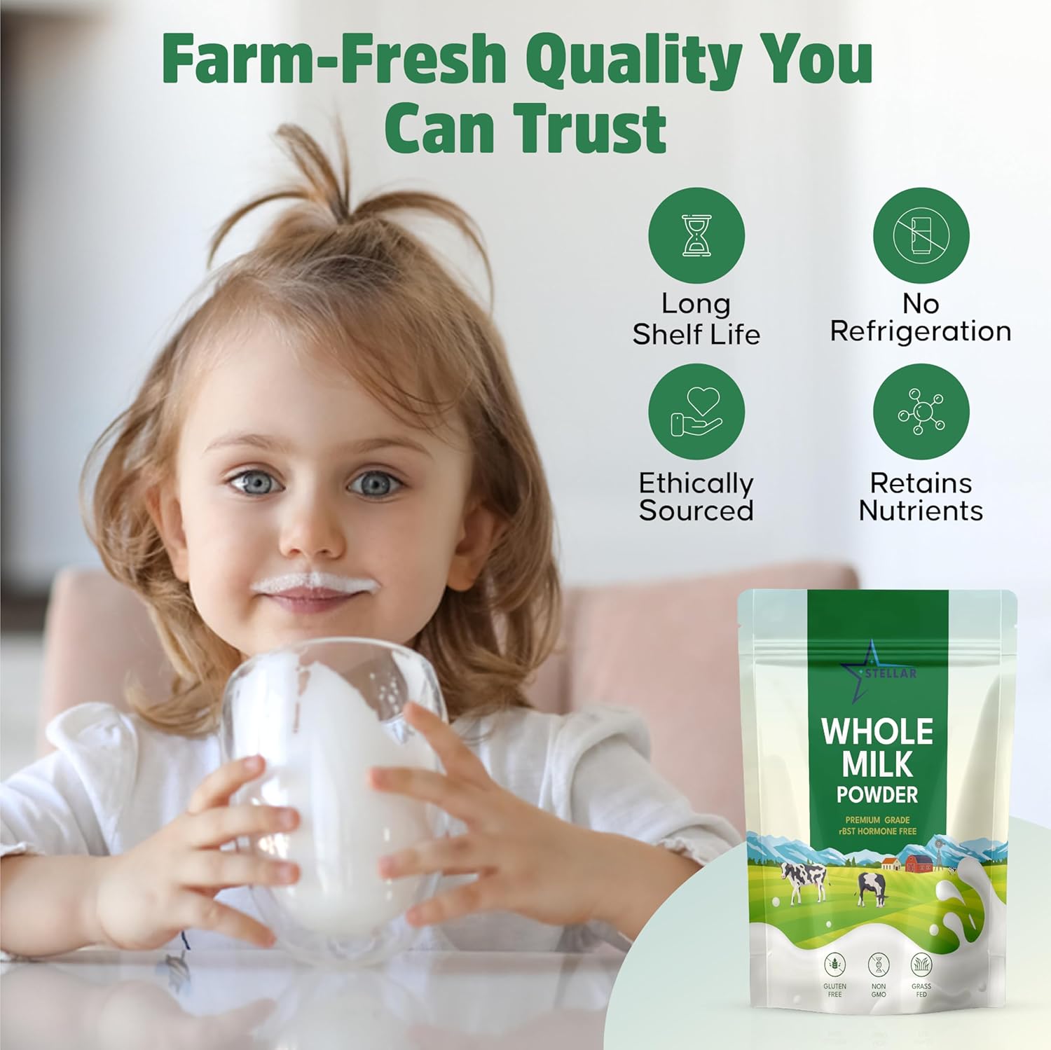 Stellar Whole Milk Powder – Powdered Milk for Baking, Cooking & Coffee | 100% Grass-Fed, rBST Free, Non-GMO, Gluten-Free Dry Milk Powder | 64 oz (4 lbs)