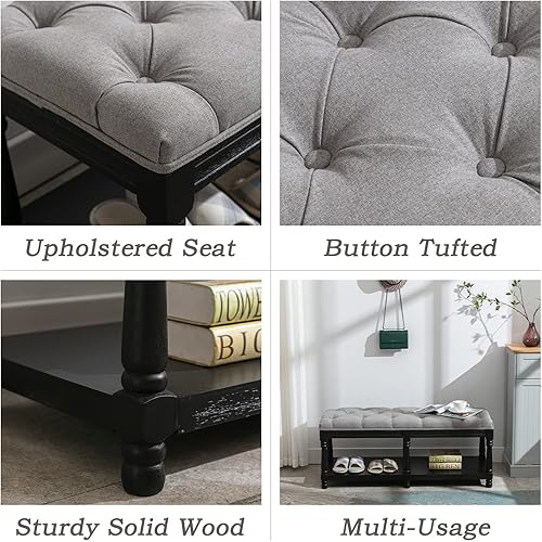 Miniatura 3 de Farmhouse Storage Bench Wooden Entryway Linen Upholstered Ottoman Button Tufted Bench with Black Legs for Bedroom End of Bed Hallway Organizer, 45