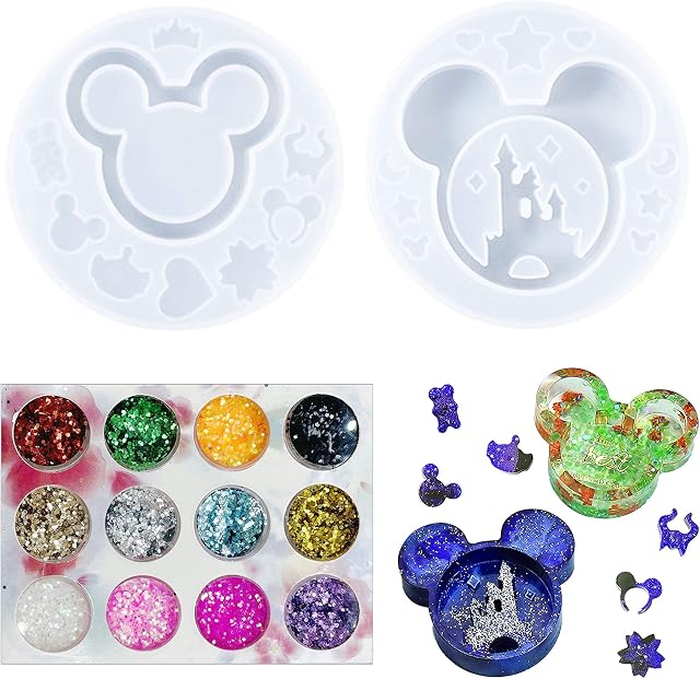 Cayway Resin Moulds, Mouse Head Epoxy Resin Moulds Castle Shaped Jewelry Casting Mould with 1 Pack Sequinsfor Jewelry Decorations, DIY Keychain Hanging Pendant (Style 1)