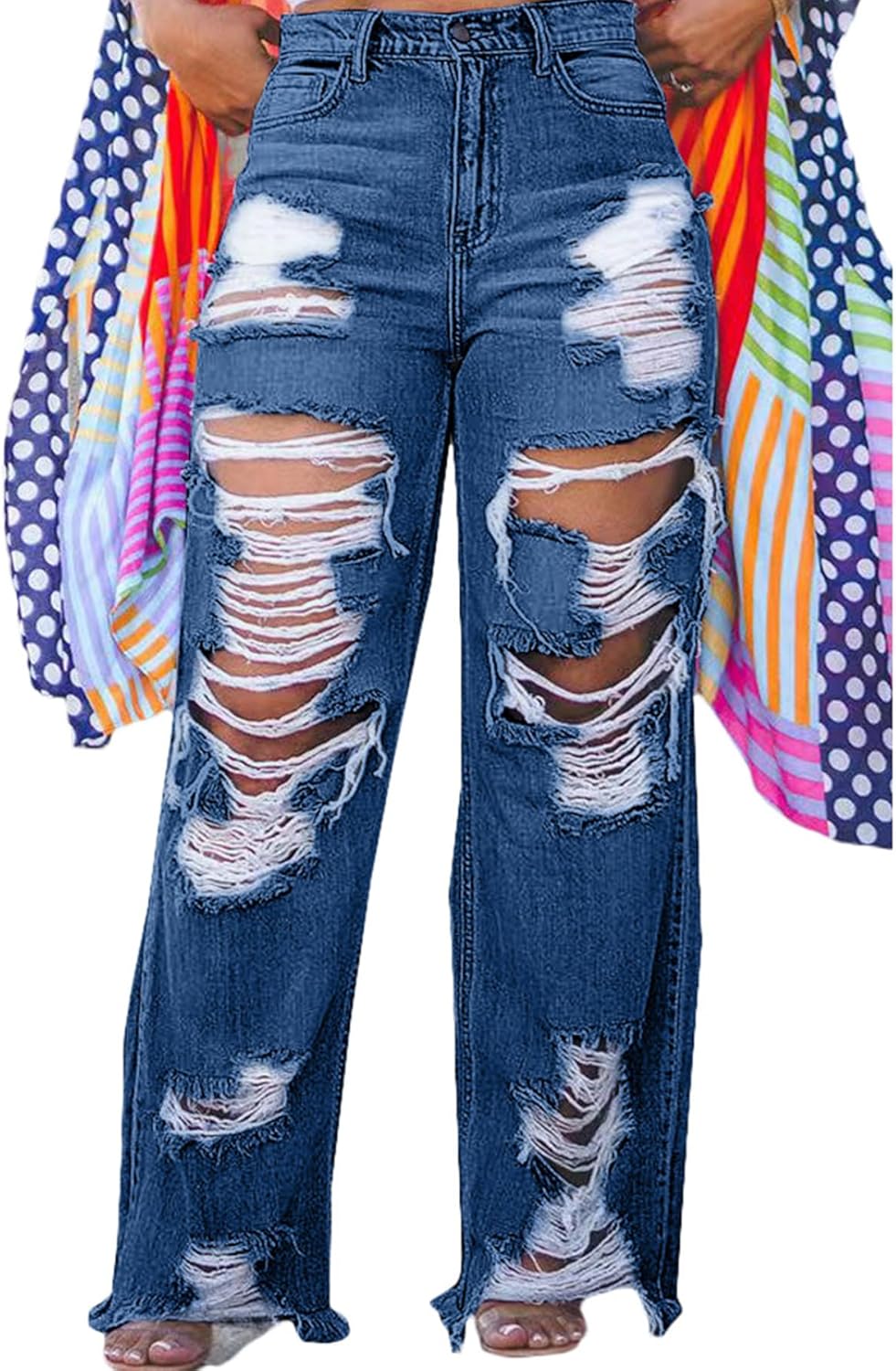 Ptorlio Women's Ripped Jeans Y2k Straight Wide Leg High Waisted Jean Distressed Baggy Denim Pants