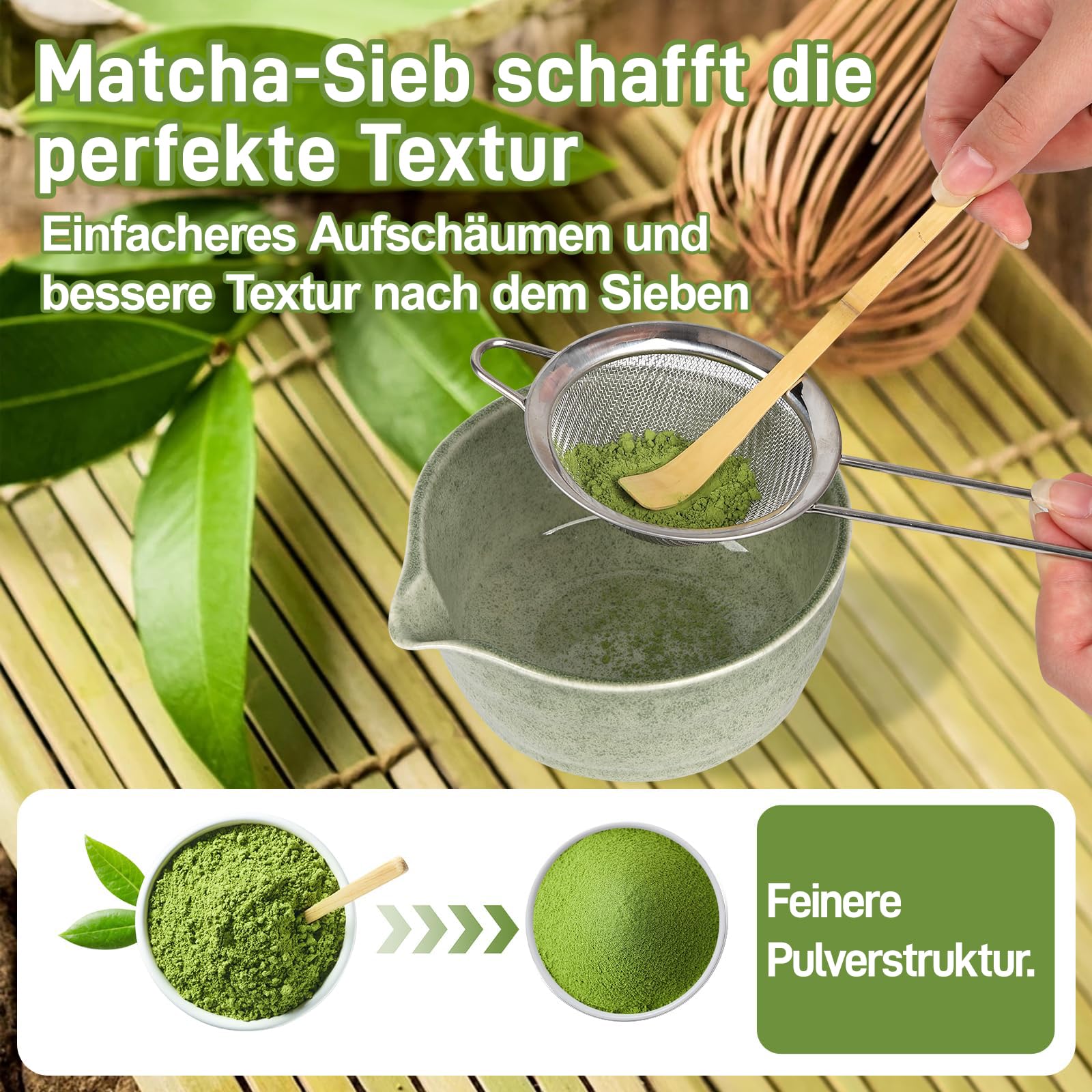 Matcha Set 6-teilig, Japanisches Matcha Tee Set mit Keramikschale mit Ausgießer, Bambusbesen, Besenhalter, Edelstahl-Sieb, Bambuslöffel, Traditionelles Matcha Starter Set für Teezeremonien