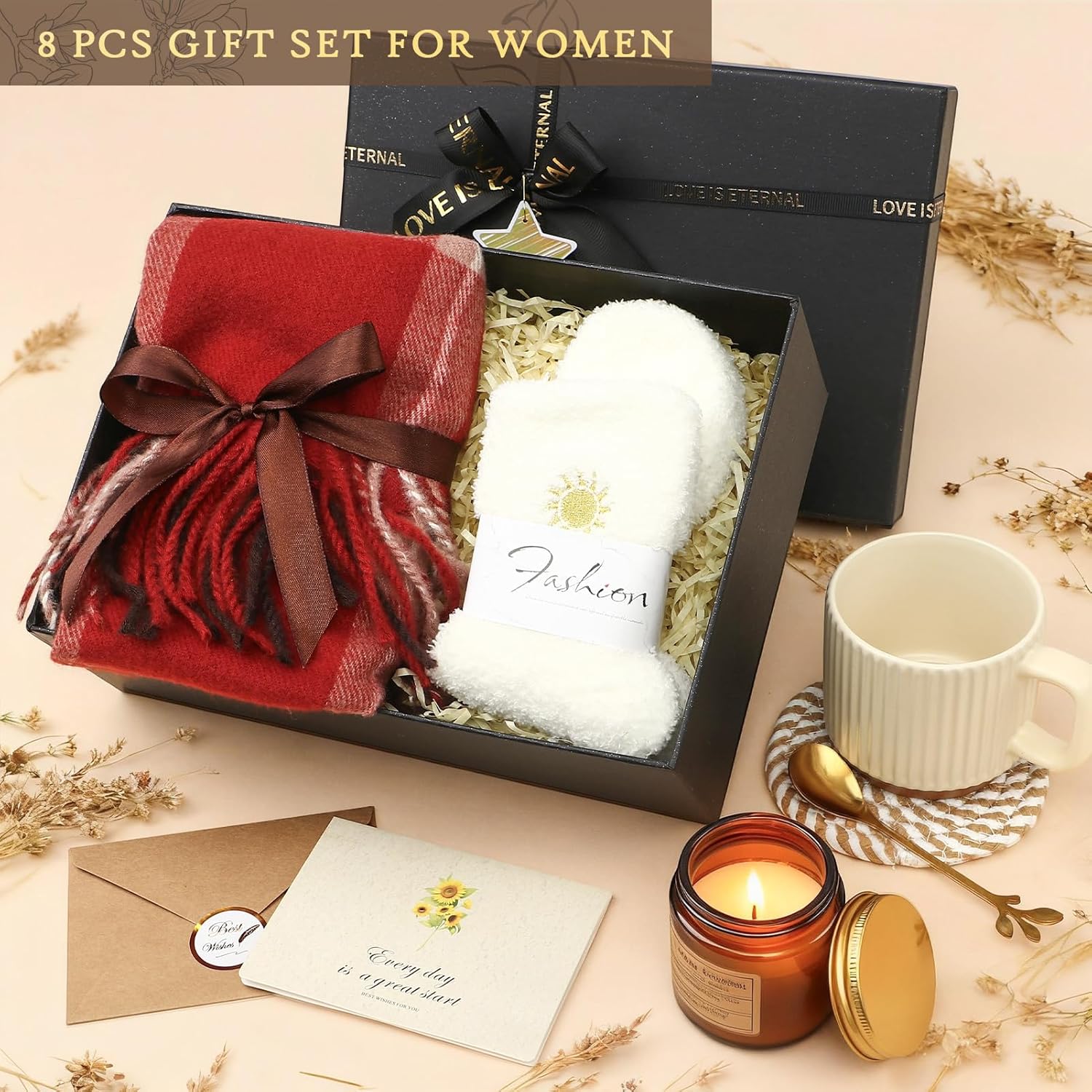 Golray Birthday Gifts for Women,Winter Self Care Gifts Get Well Soon Gifts Package with Scarf&Coffee Mug, Sending Warm Baskets&Thinking of You Inspirational Gift for Her Mom Sister Friend Wife (Red)