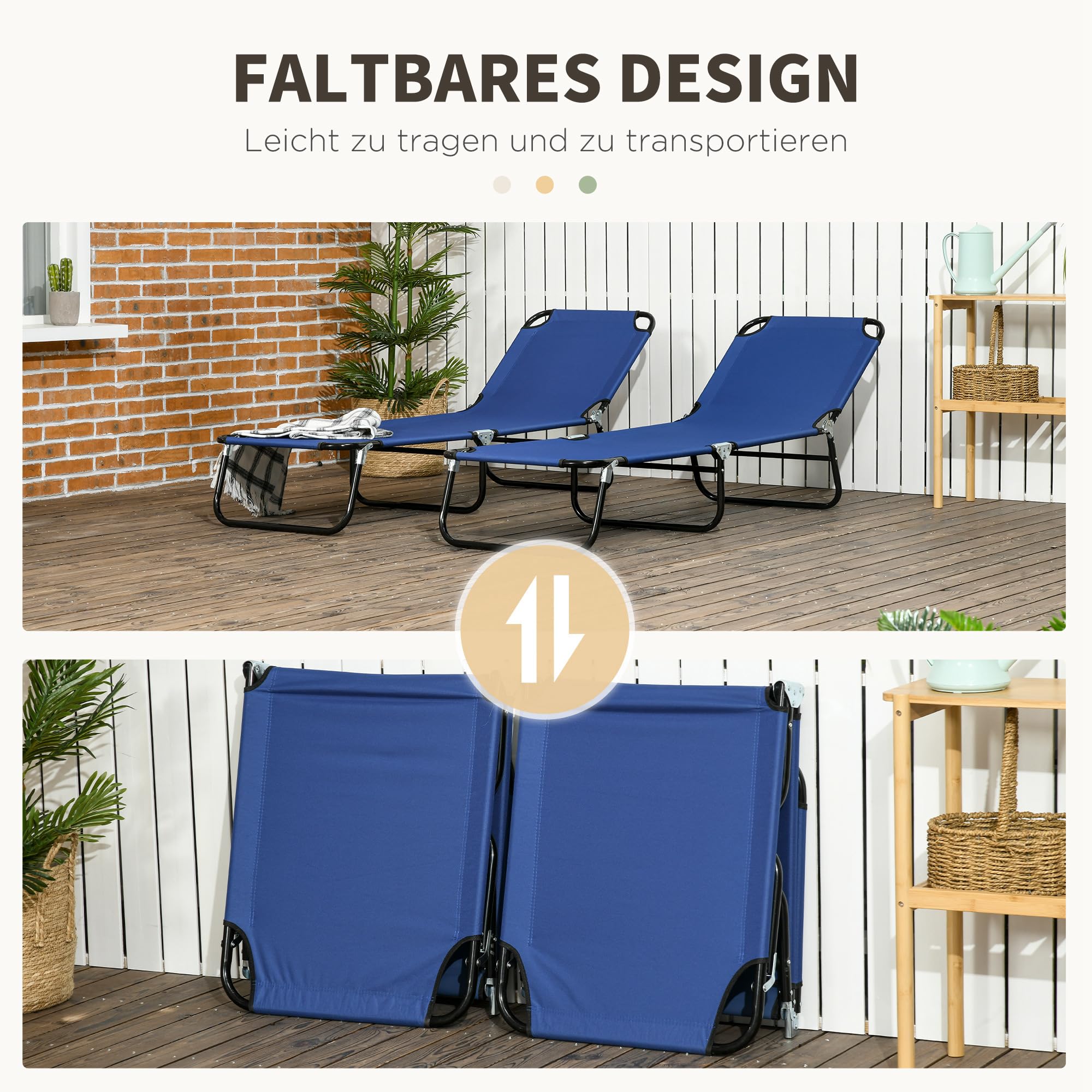 Outsunny Sonnenliege Klappbar Gartenliege 2er Set 5-Fach 120kg Blau | Höhenverstellbare Rückenlehne, Wetterfest, Outdoor Liegestuhl, Strandliege für Pool, Strand