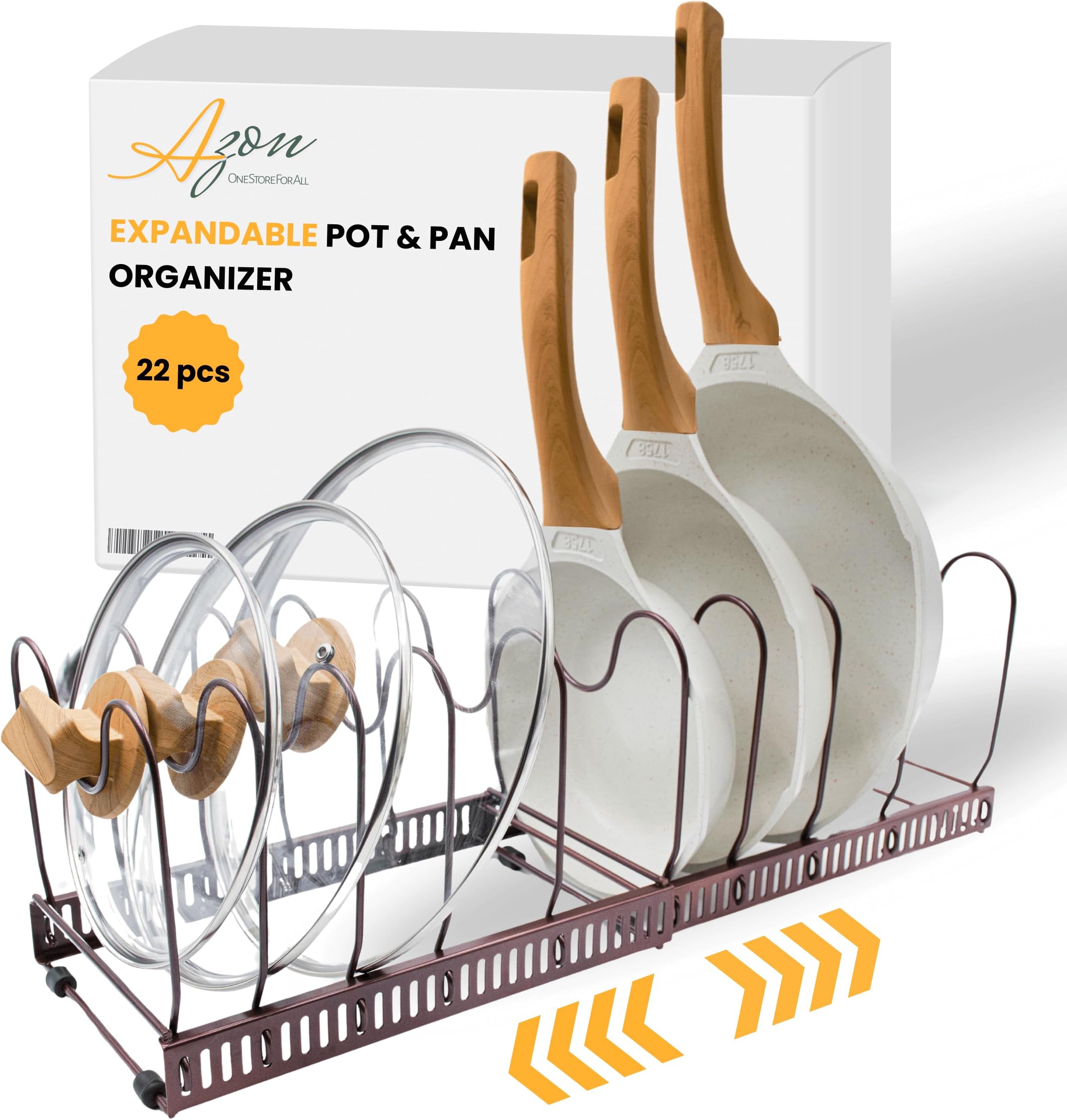 Azon Kitchen Storage for Pots and Pans Organizer - Versatile & Expandable Storage Racks and Holder for Pans, Lids, Plates, Cutting Board, Cookie Sheet, Bakeware - Heavy Duty Metal, Rust Free