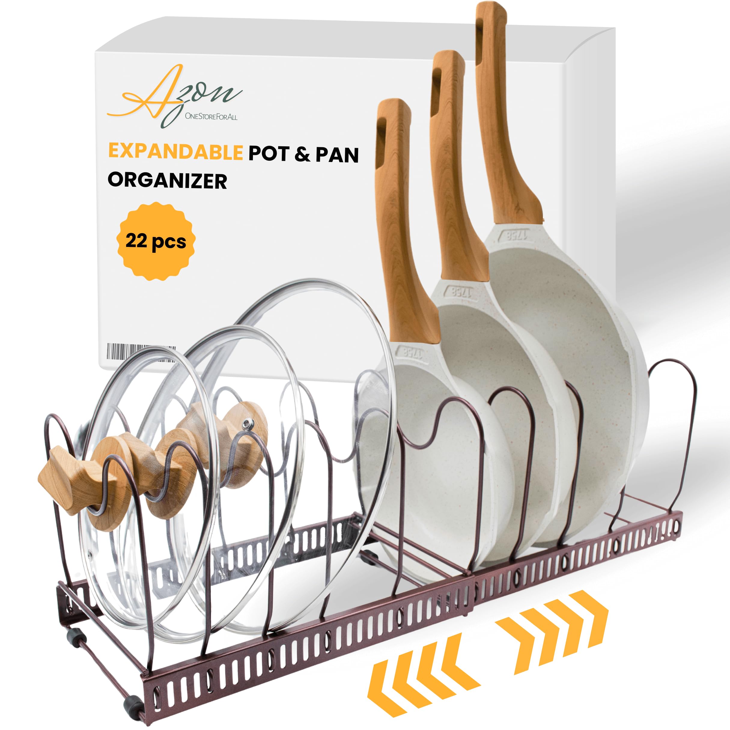 Azon Kitchen Storage for Pots and Pans Organizer - Versatile & Expandable Storage Racks and Holder for Pans, Lids, Plates, Cutting Board, Cookie Sheet, Bakeware - Heavy Duty Metal, Rust Free