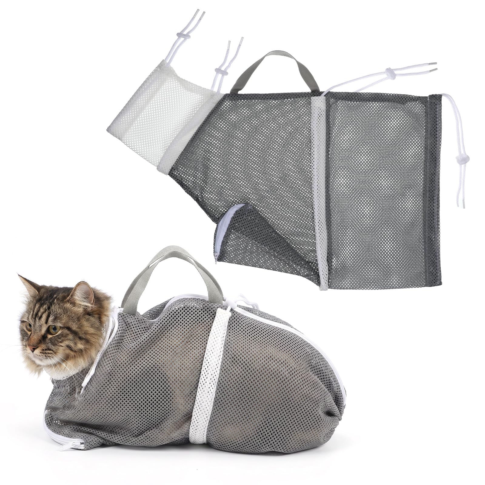 Apojgitn Cat Bathing Grooming Bag – Anti Bite & Anti Scratch Adjustable Cat Restraint Mesh Bag, Breathable Pet Grooming Shower Bags for Bathing, Nail Trimming, Ear Cleaning, Medicine Taking (Gray)