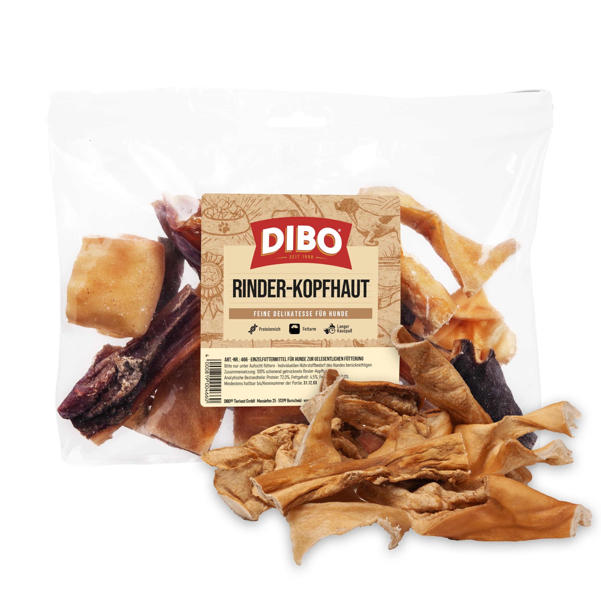 DIBO Rinderkopfhaut, 250g-Beutel, der kleine Naturkau-Snack oder Leckerli für Zwischendurch, Hundefutter, Qualitätskauartikel ohne Chemie
